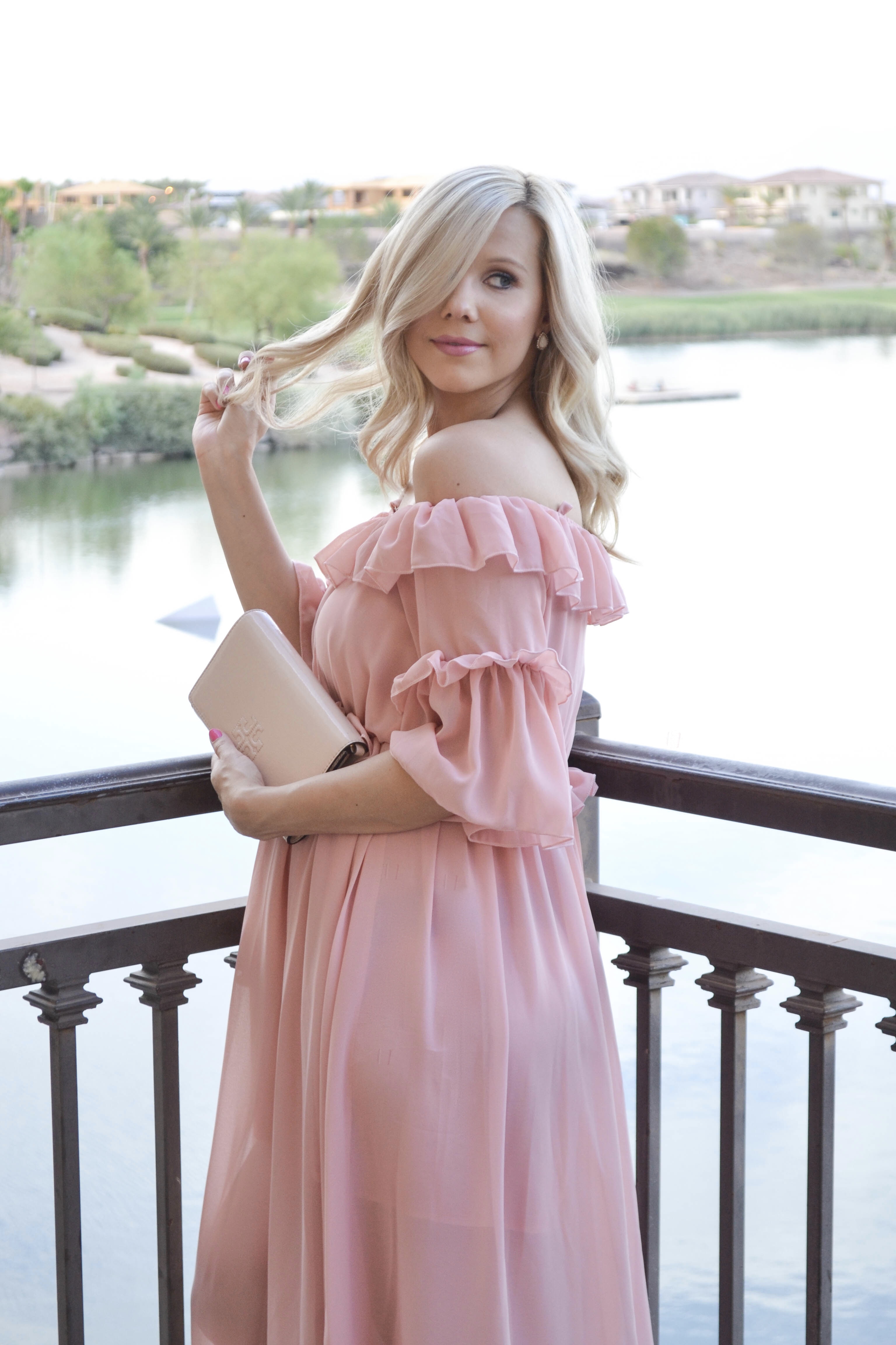 pink chiffon ruffle dress 