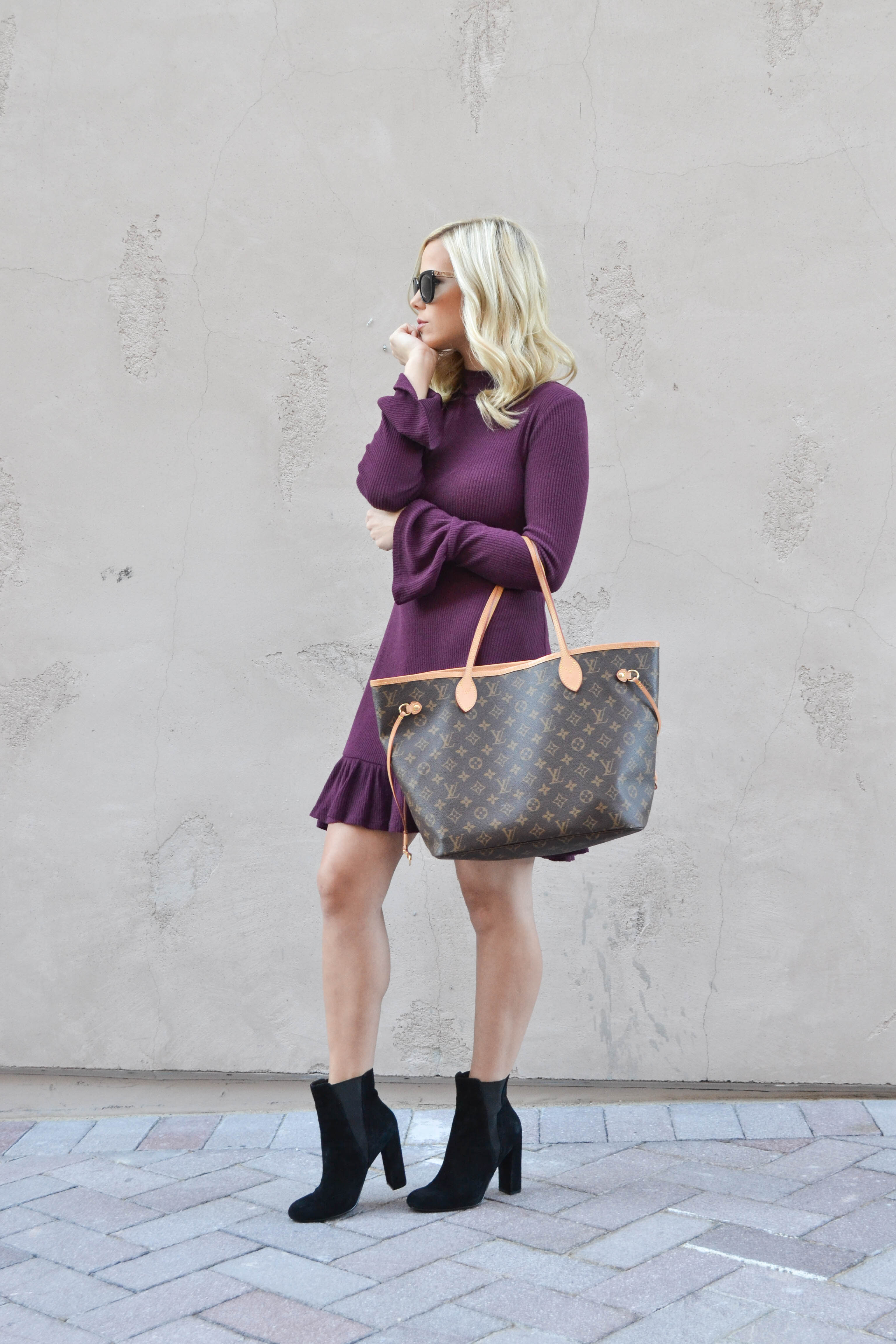 ruffle hem dress from express, fashion blogger glamlifeliving, burgundy dress, fall style, black block booties