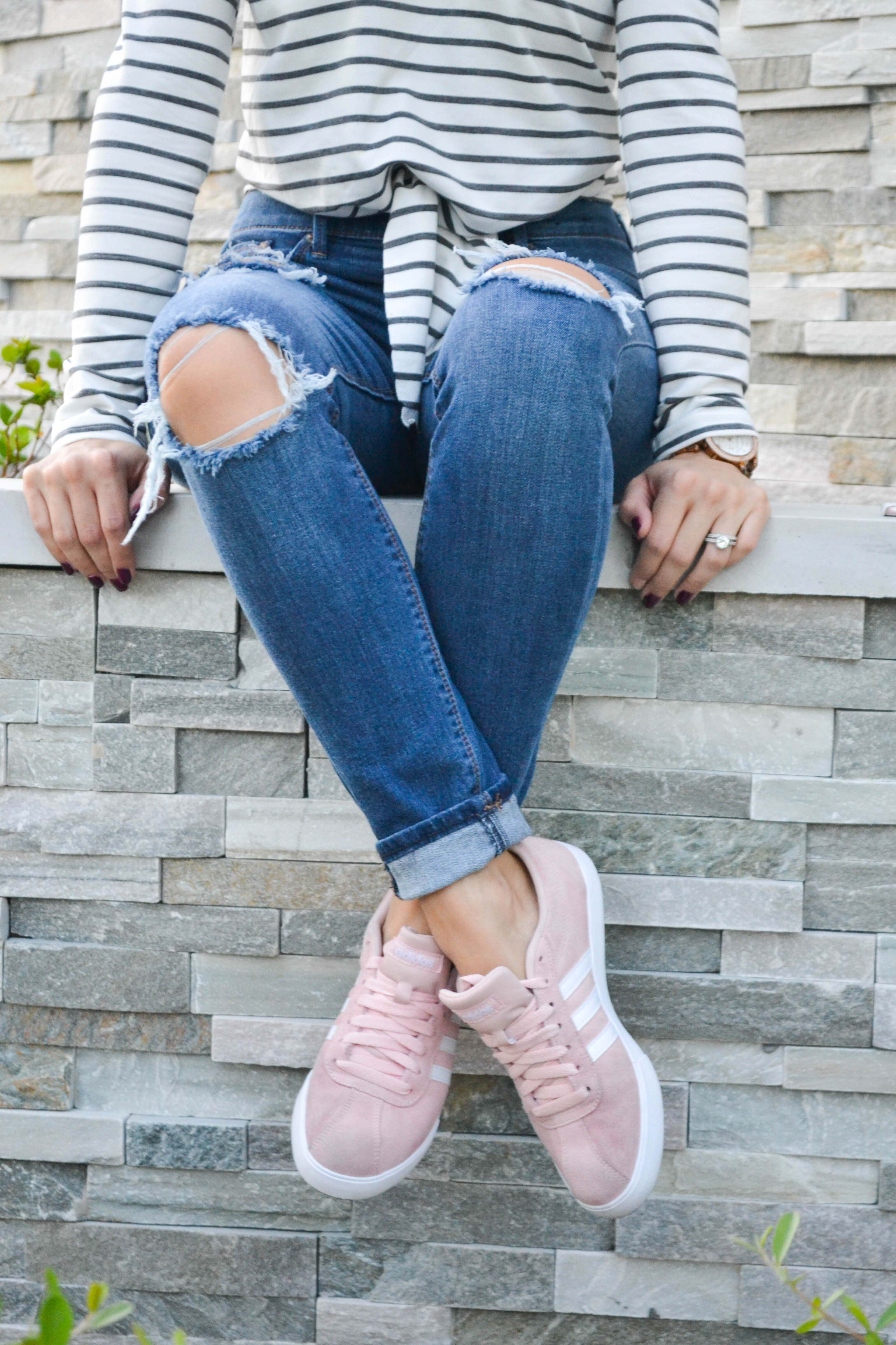 pink sneakers, pink adidas sneakers, express ripped jeans, casual style