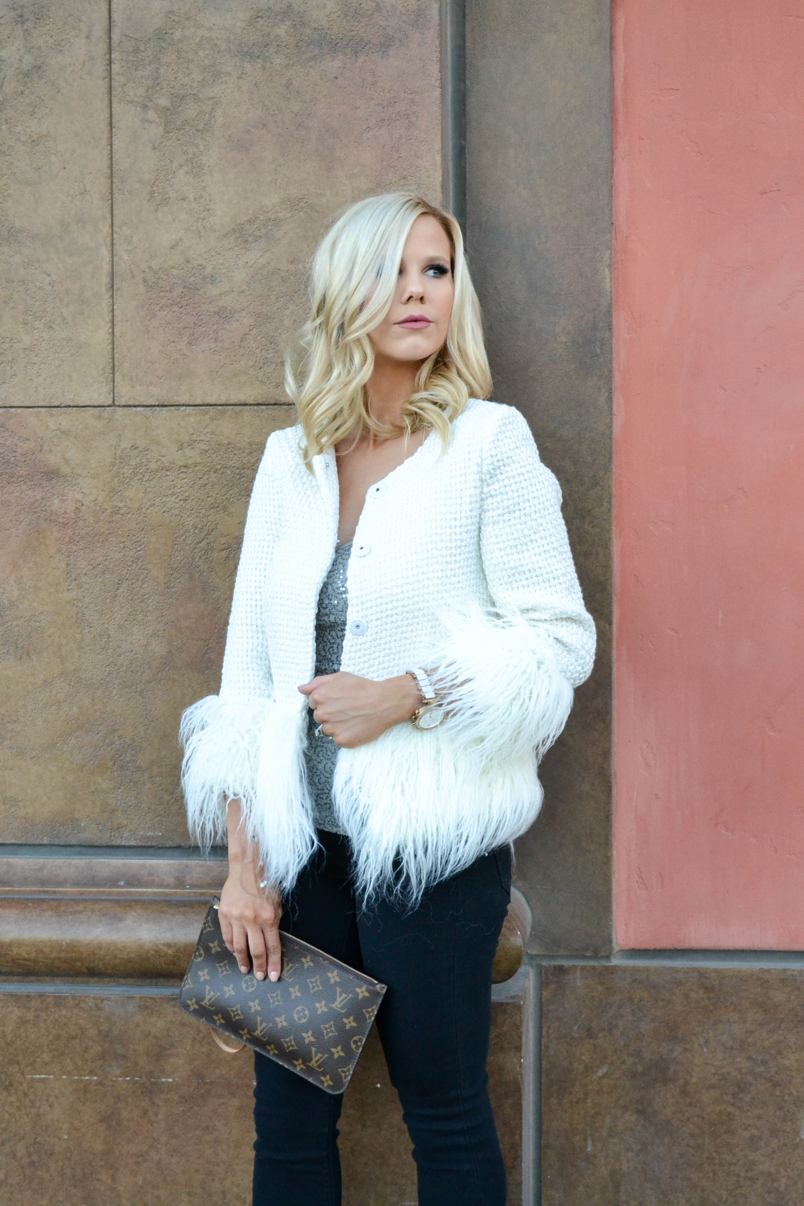 white faux fur trimmed jacket in white for the holiday season