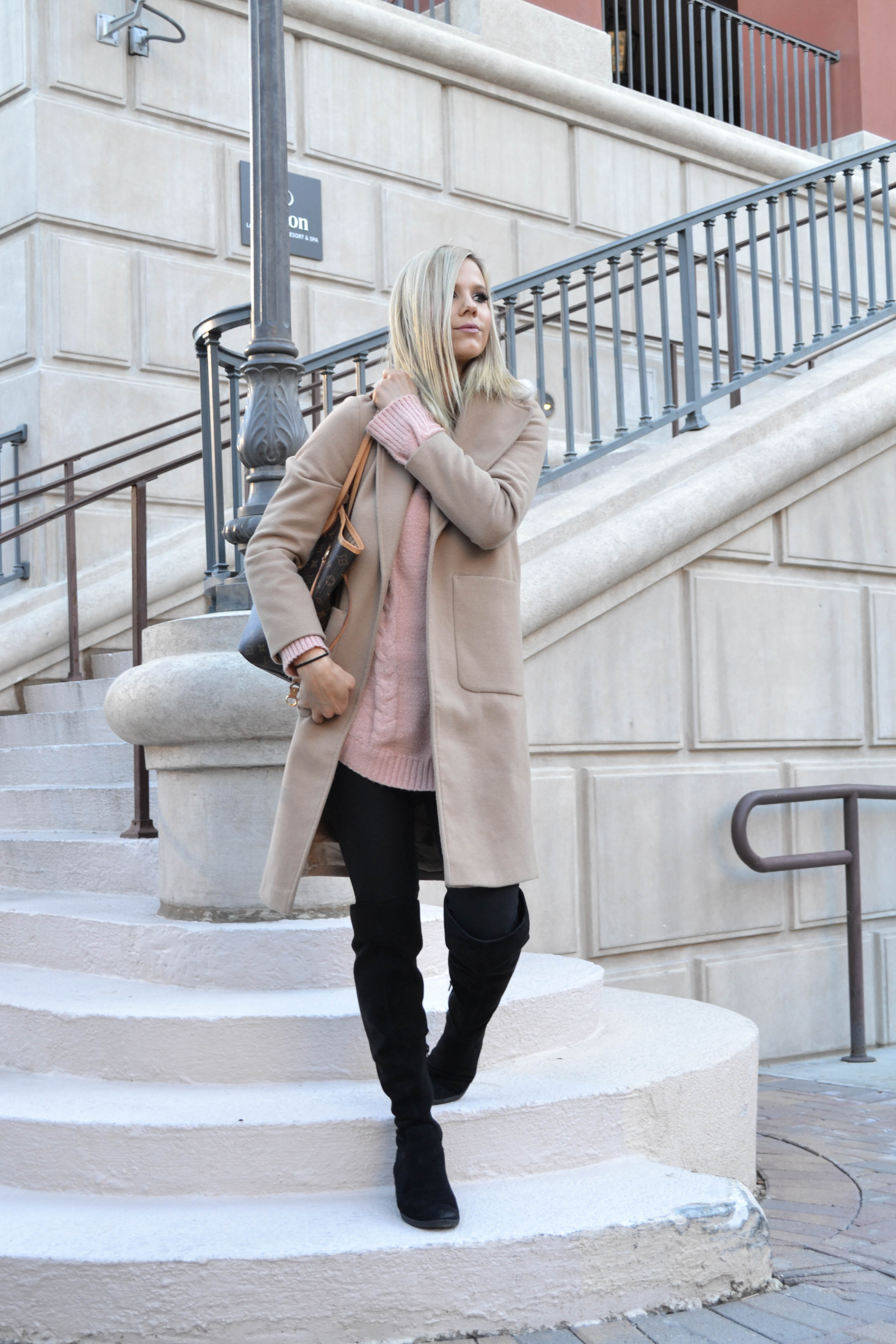 tan fur trimmed coat, over the knee boots, winter look, winter style