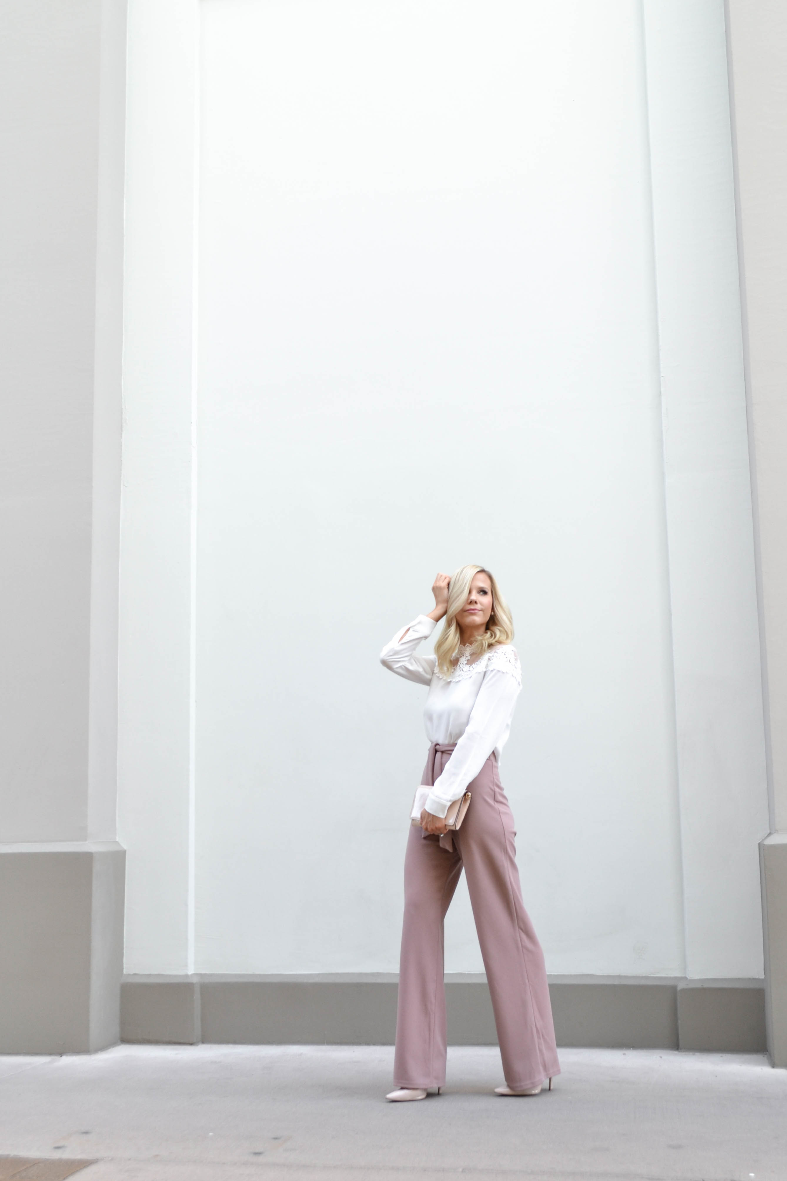 palazzo pants and white lace top