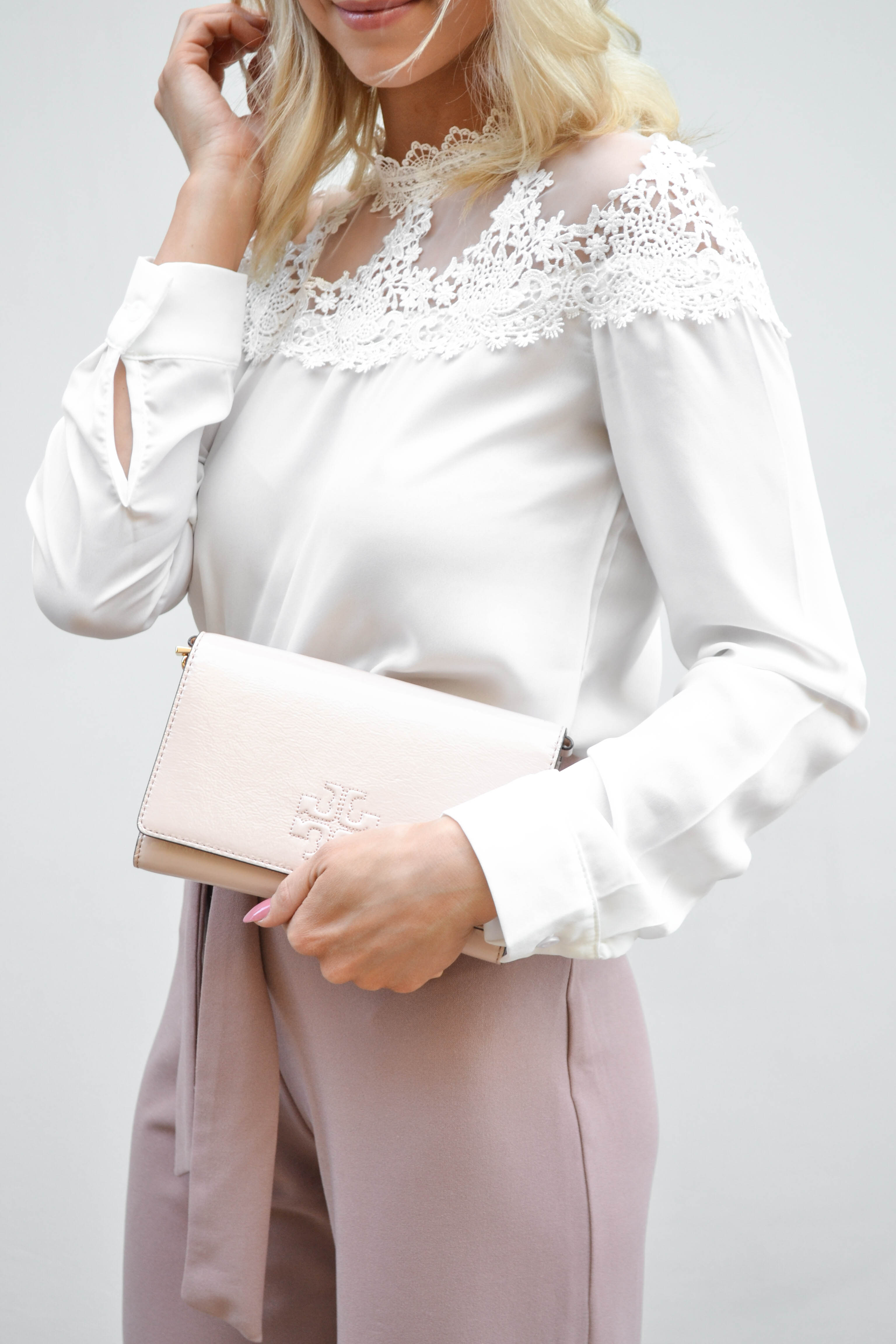 white lace top, outfit details, tory burch clutch