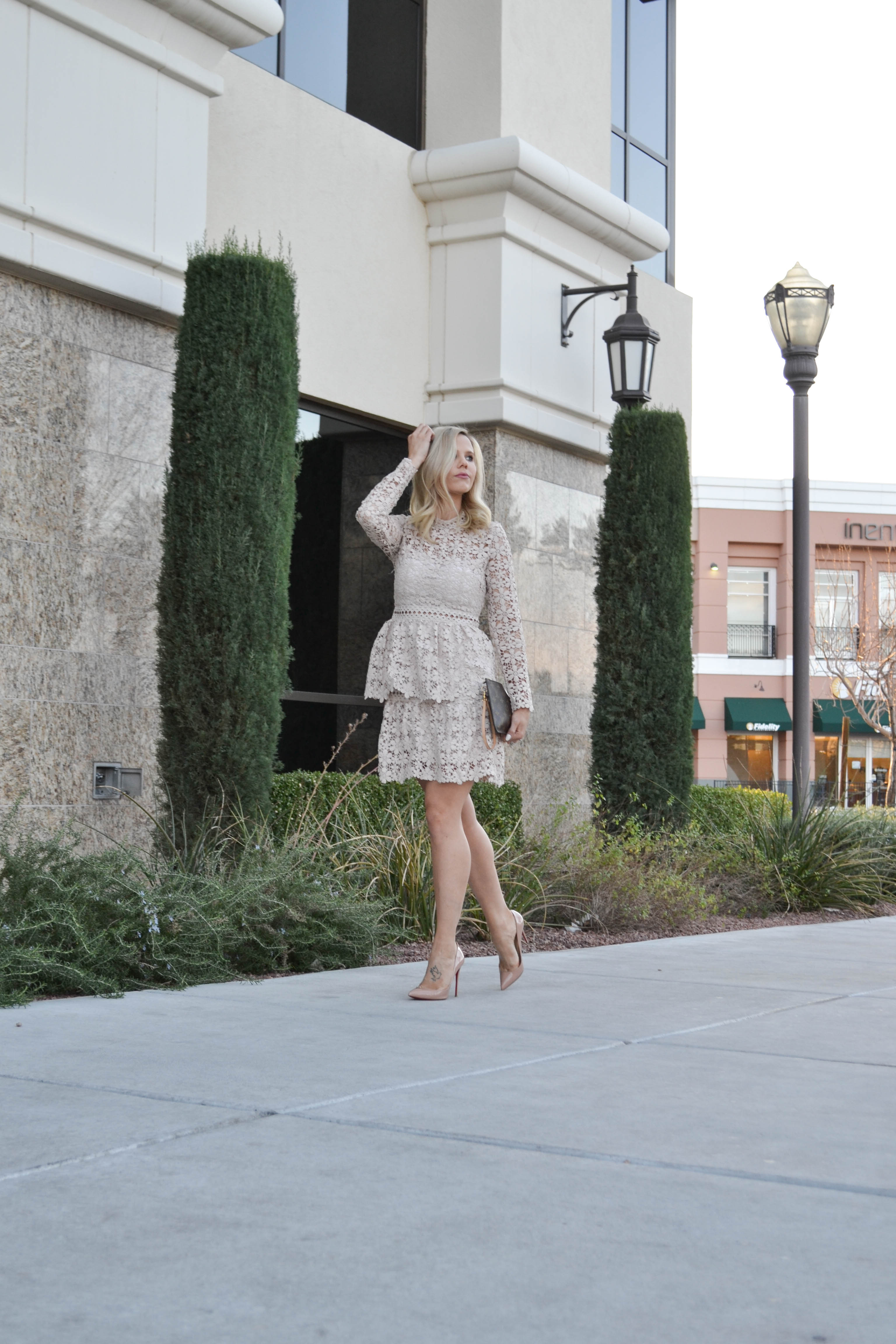 nude lace peplum dress