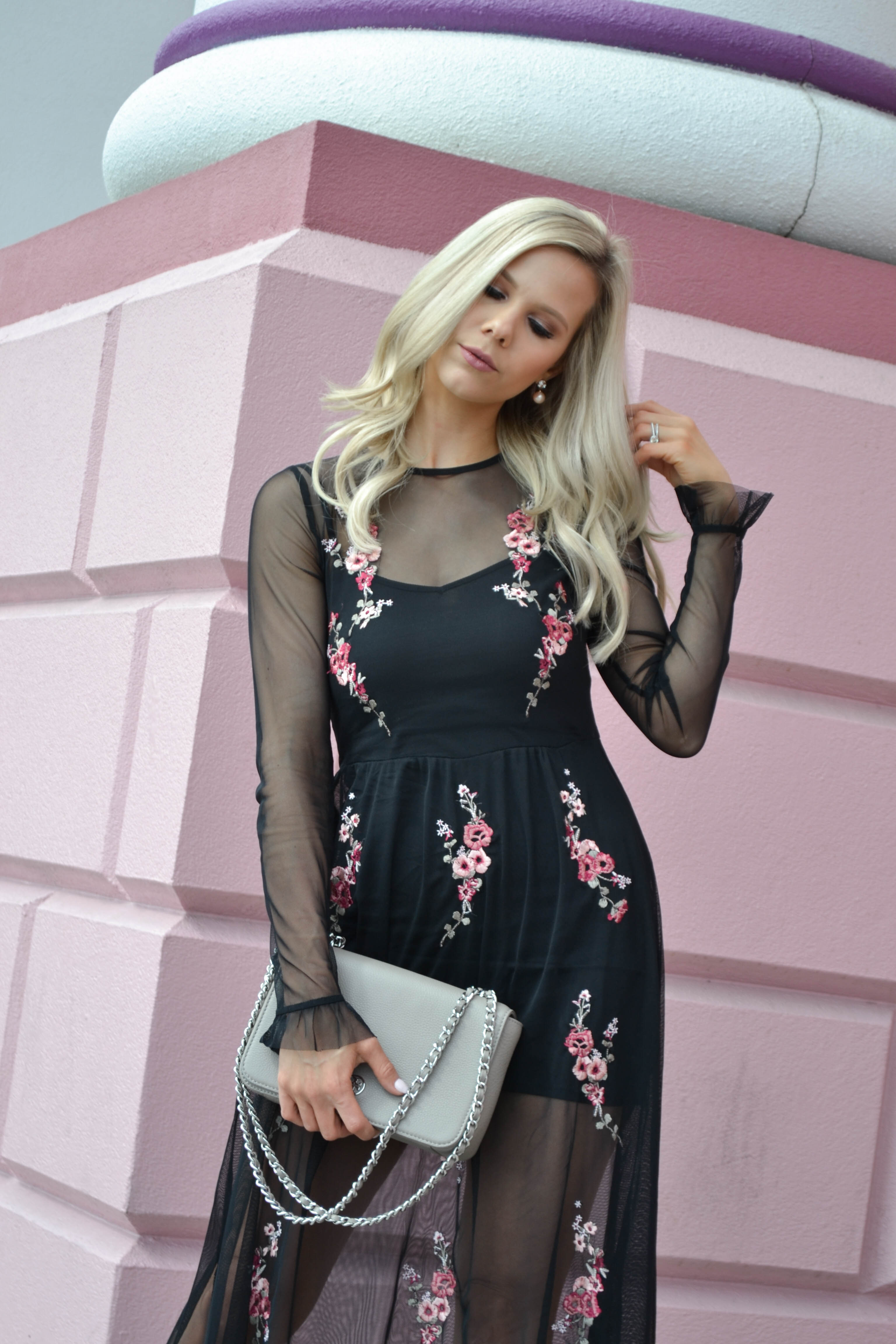 edgy black sheer dress with floral embroidery 