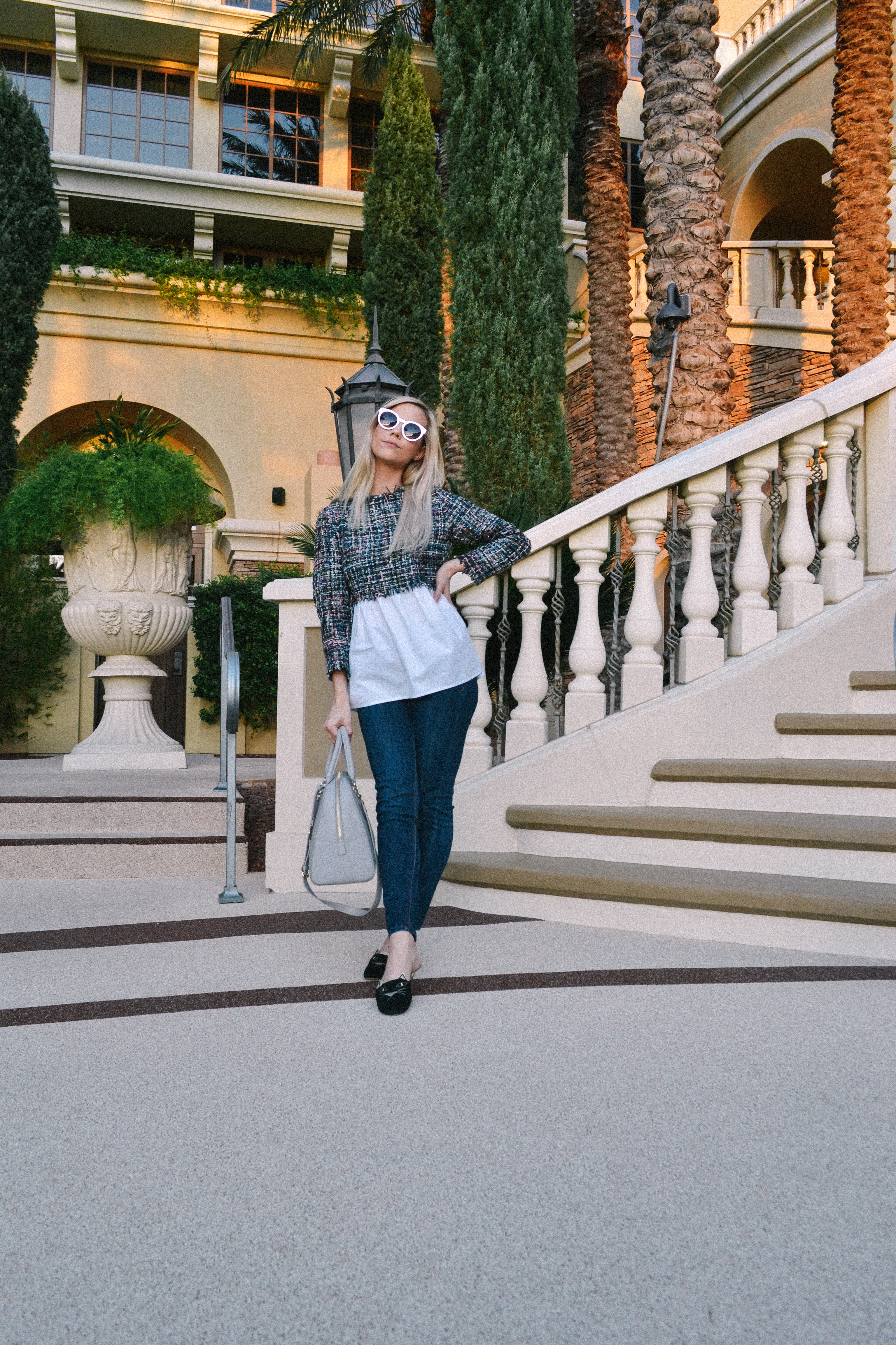 tweed blouse, jeans, slippers, paris style, french outfit 