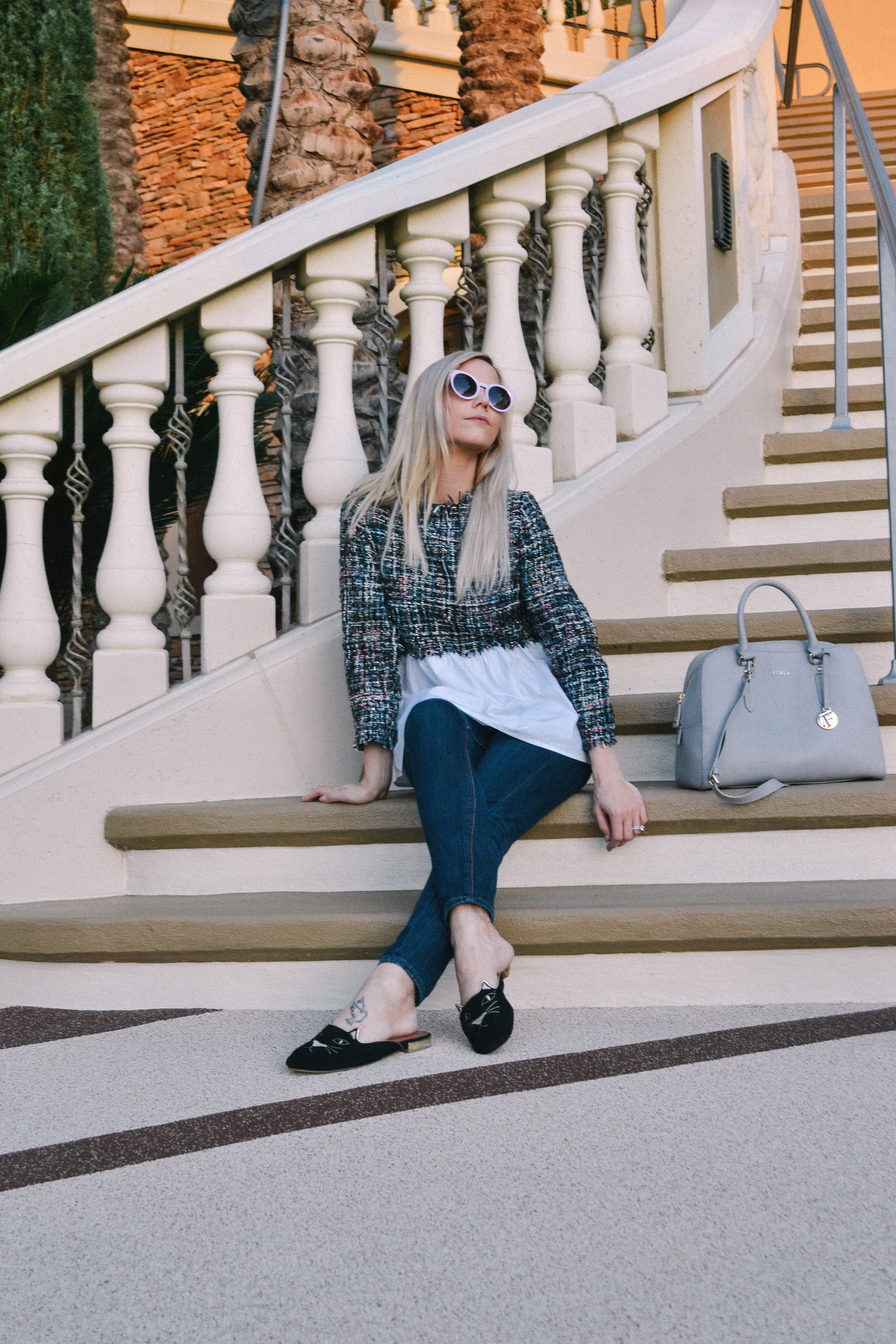 tweed blouse and jeans