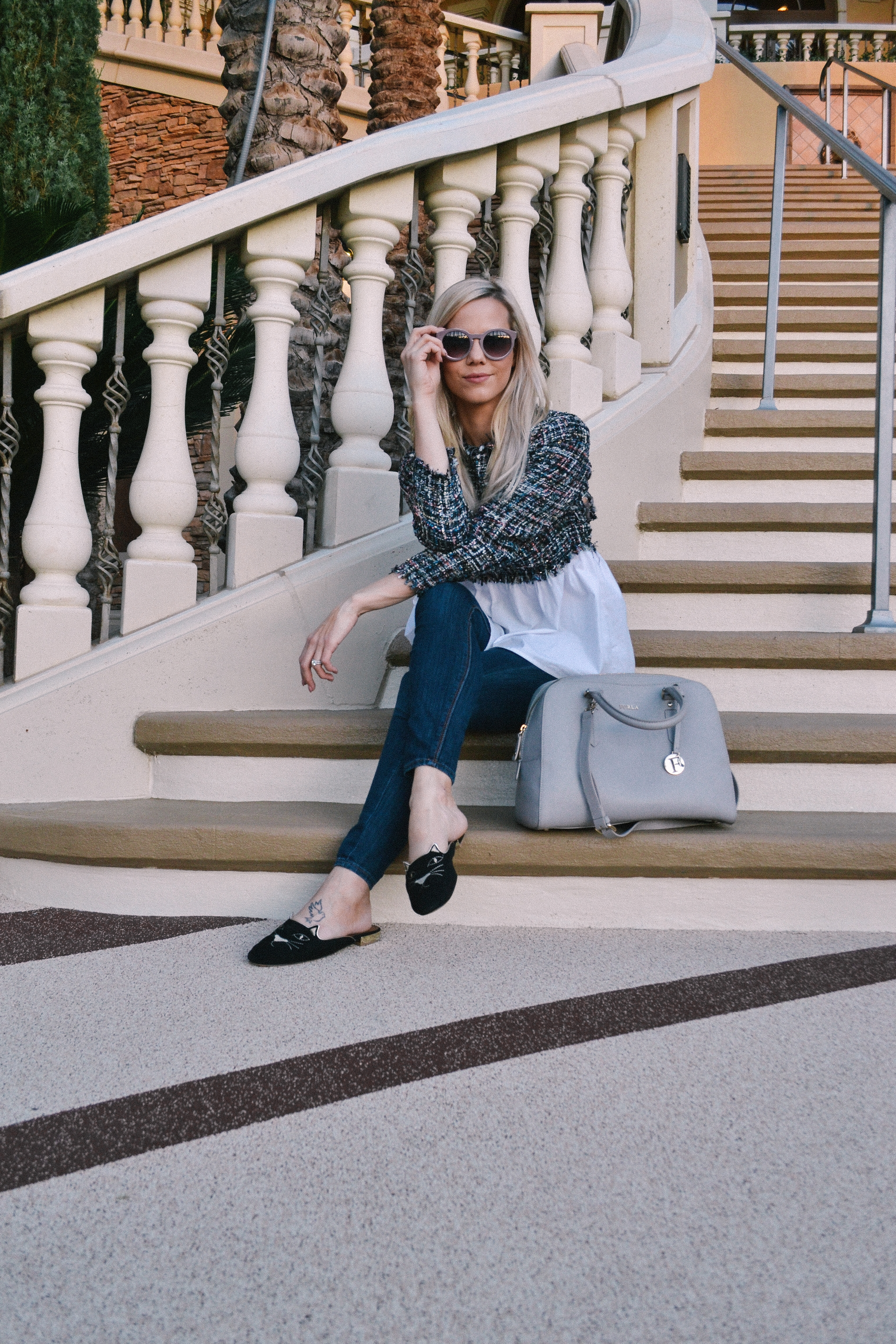 Las Vegas Fashion Blogger, tweed top, kitty slippers, retro style