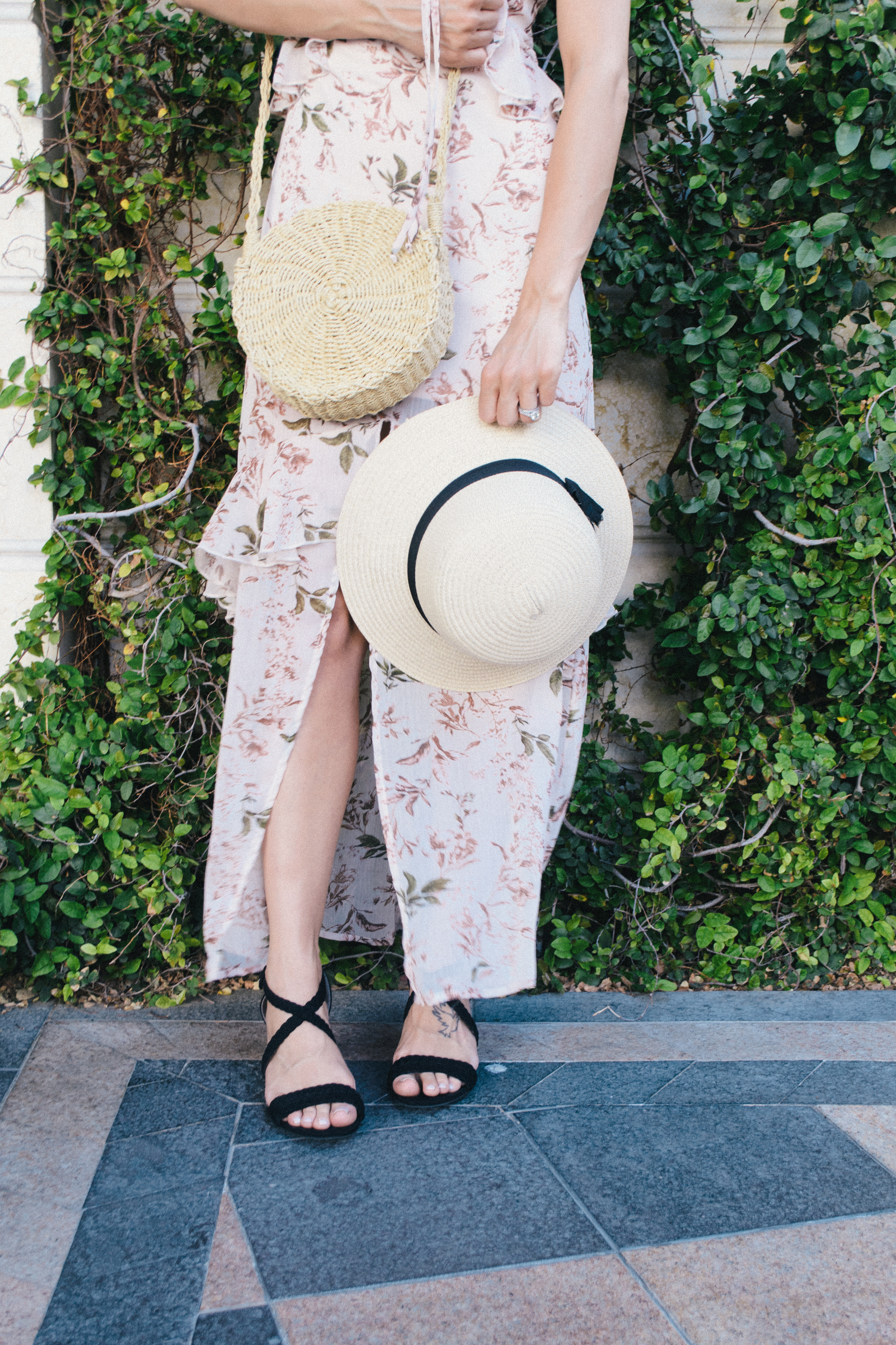 vintage floral dress, summer hat, straw bag