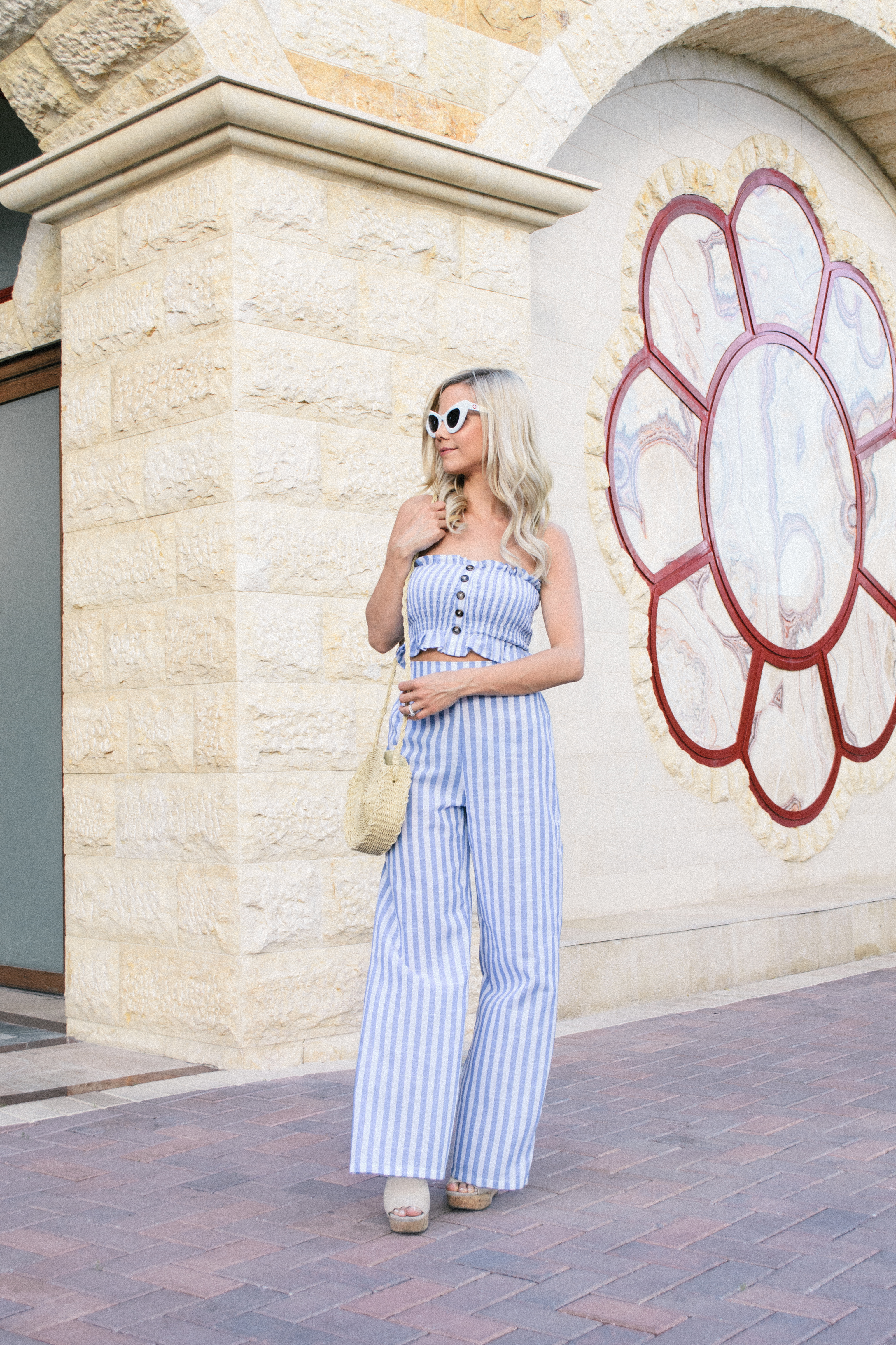 two piece pant and top set with white and blue strips, summer style, two piece summer look, summer fashion