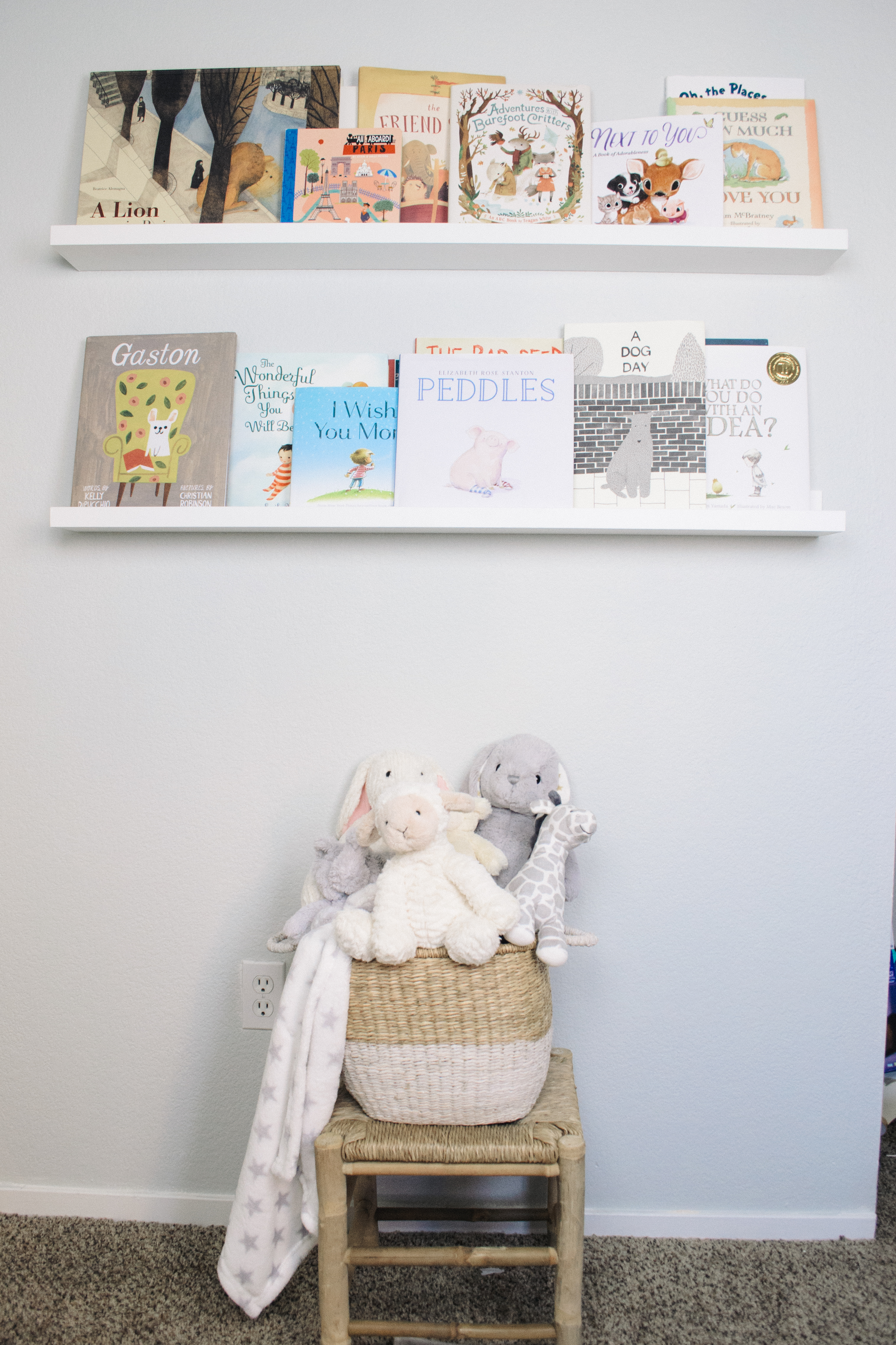 baby boy soft and calm nursery, nursery book shelf, trendy baby books, baby boy books
