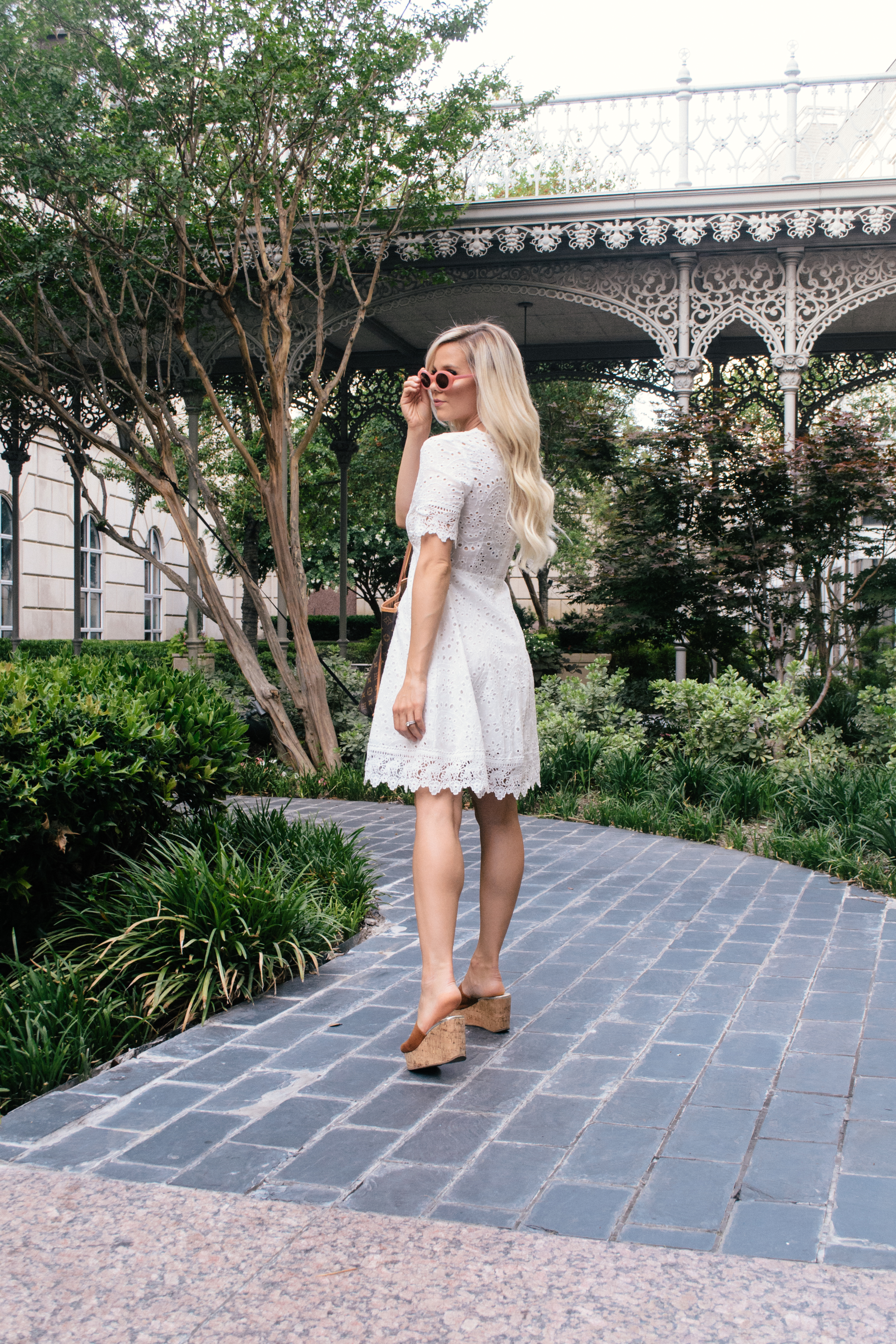 white eyelet dress for summer, blonde blogger, long blonde hair