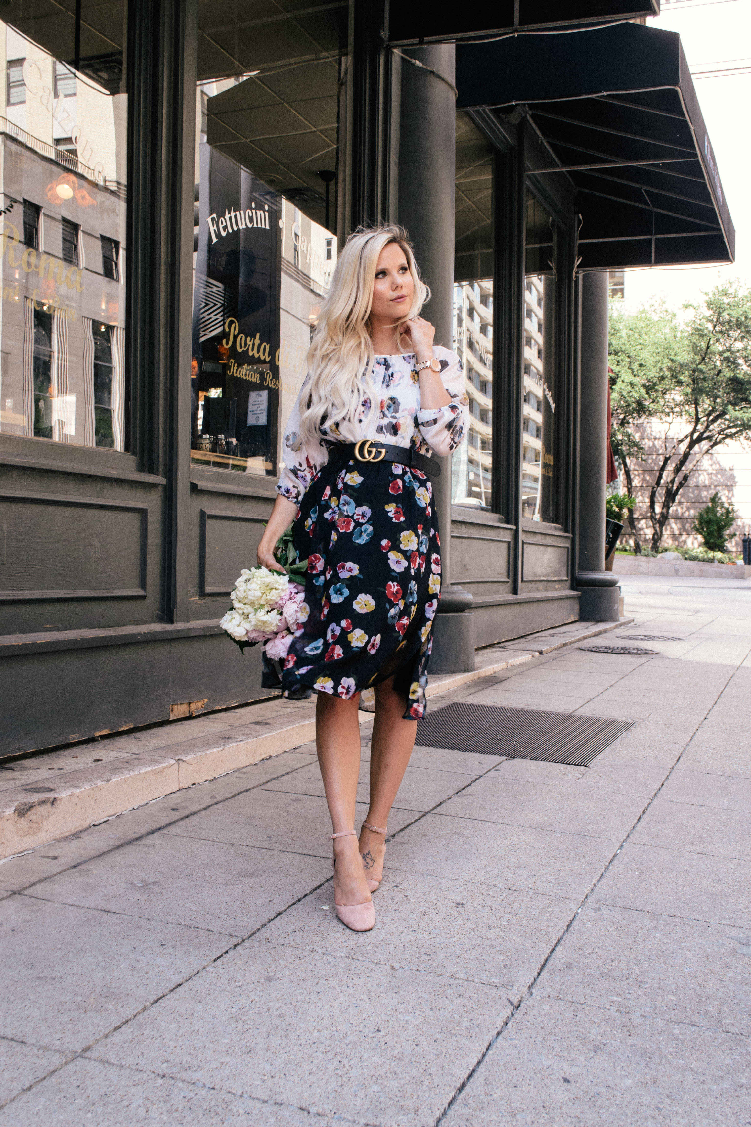 floral contrast dress with Gucci belt