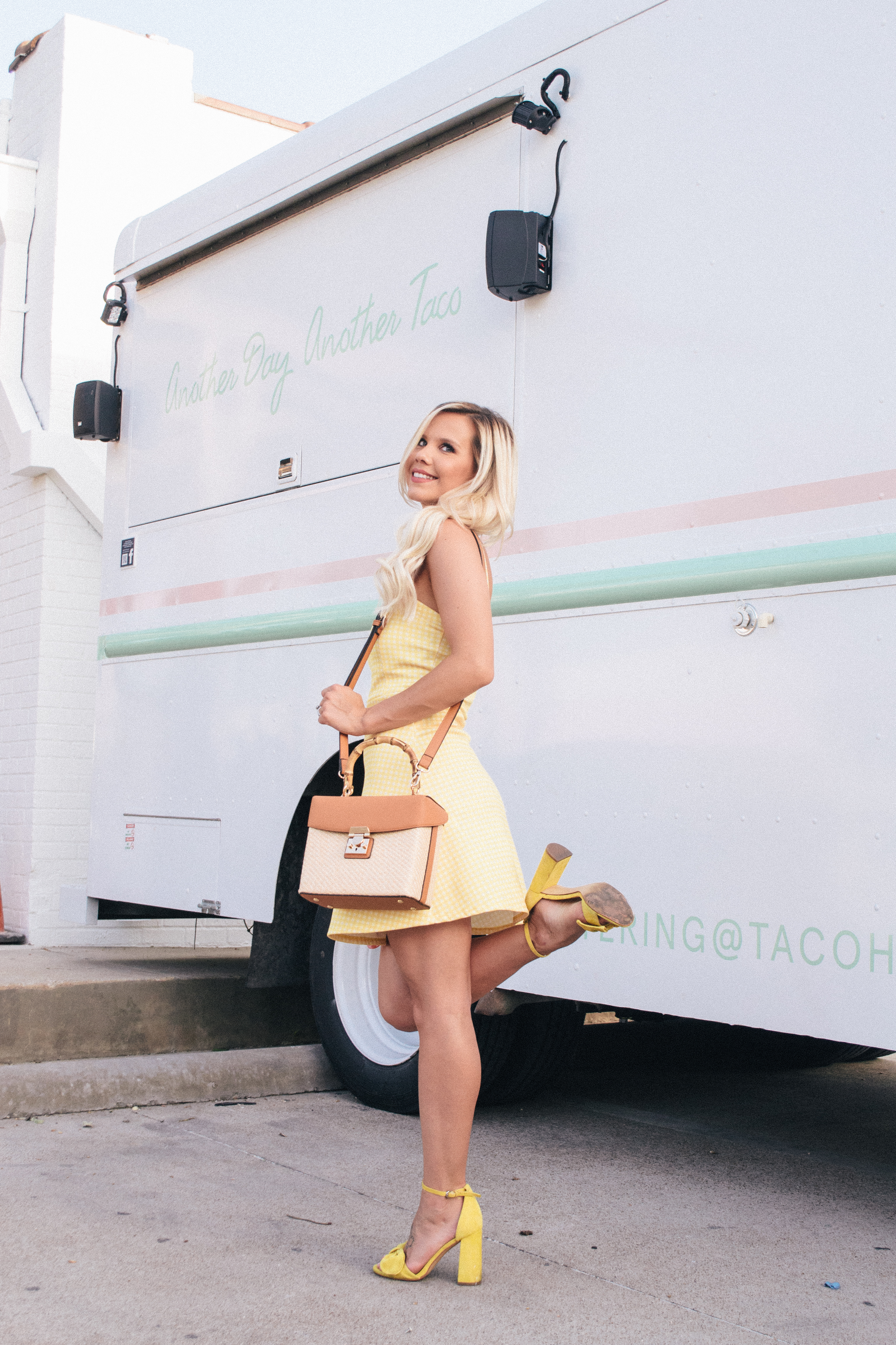 yellow gingham dress and yellow block heels