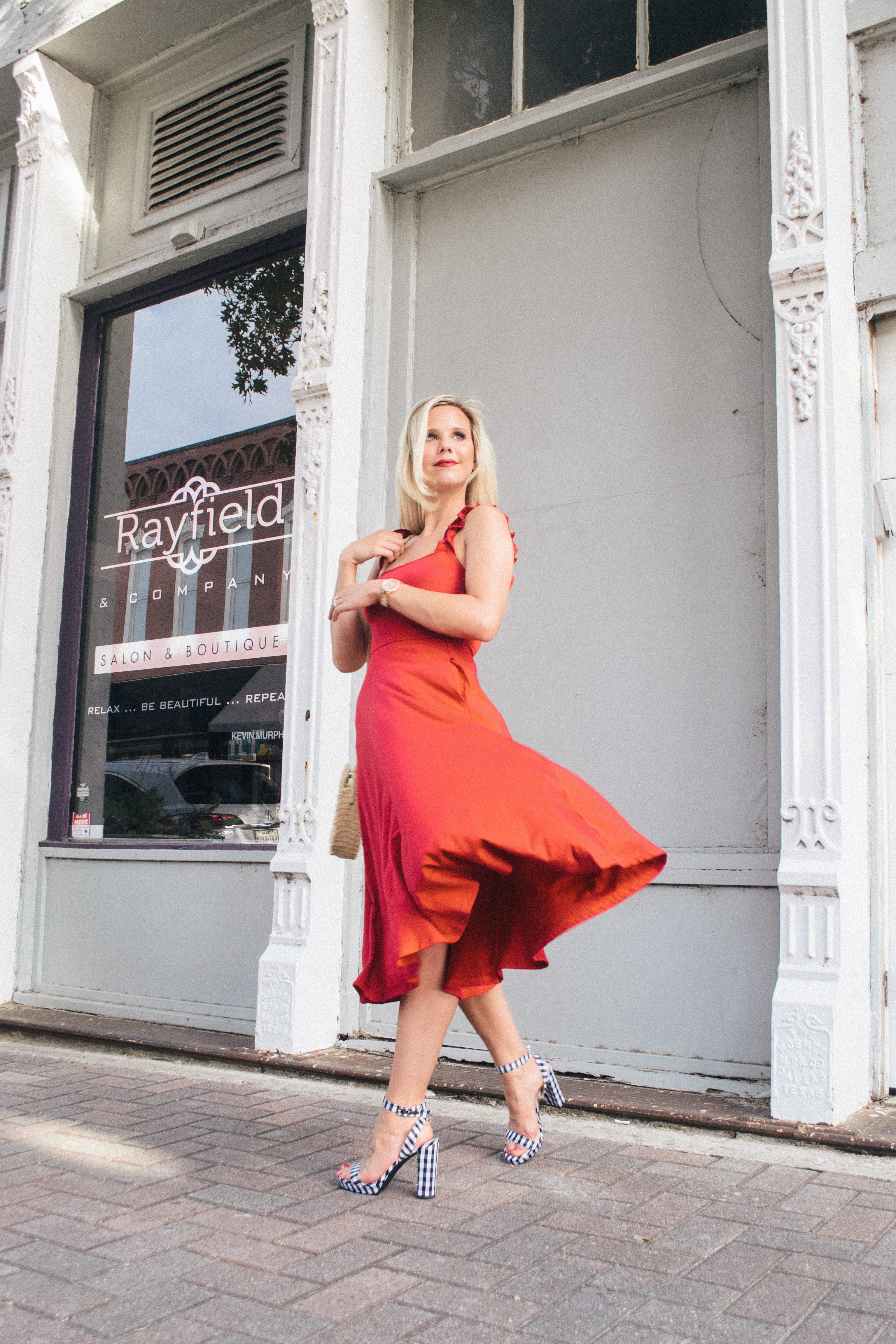 red ruffle strap dress, glamlifeiving, Glam Life Living, Hannah McDonnell, blonde blogger, Dallas Blogger