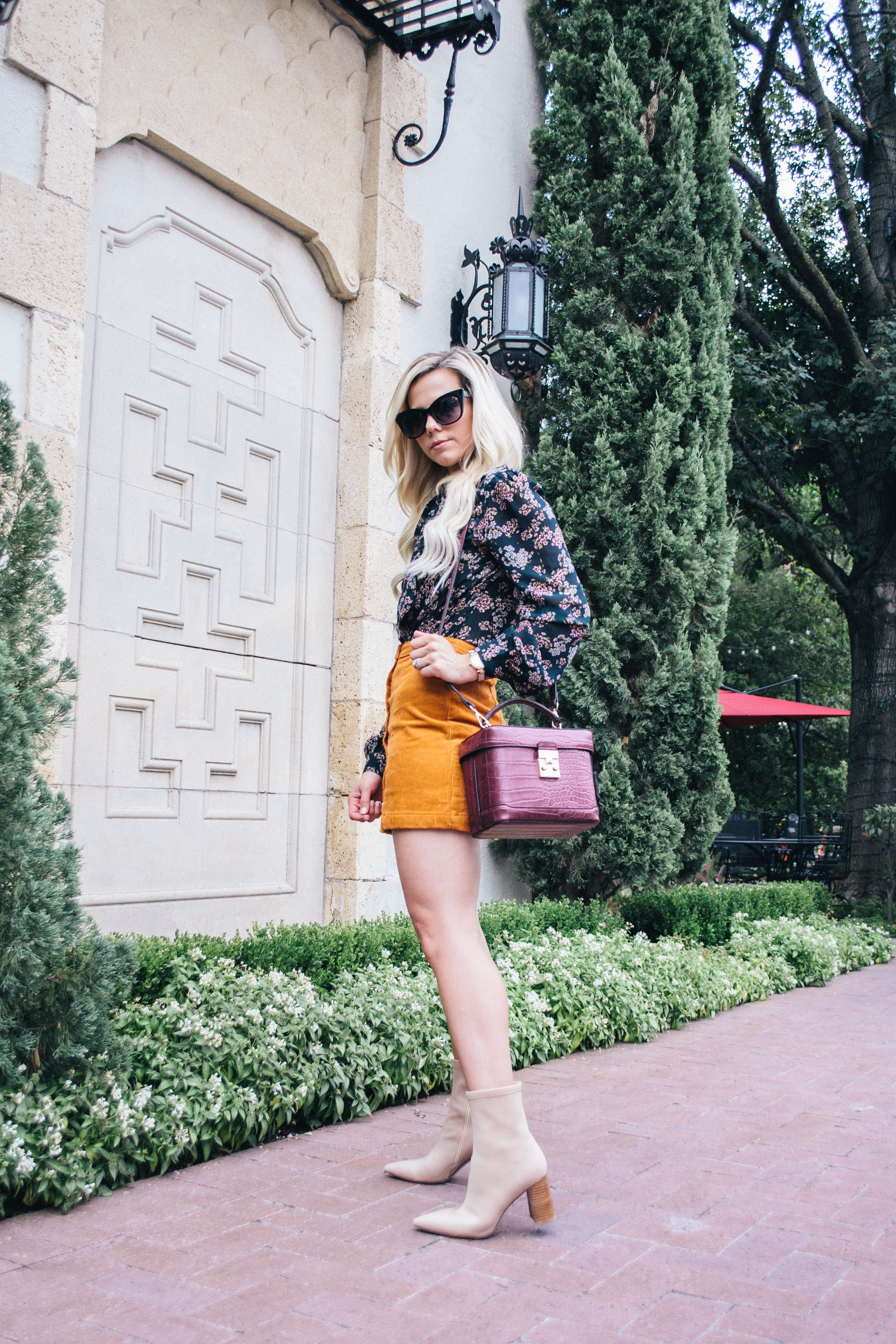 affordable in-between seasons outfit, floral blouse, corduroy mini skirt, fall outfit, fall transition outfit, what to wear in-between seasons, dallas blogger, Glam Life Living #fall #fallstyle #autumn 