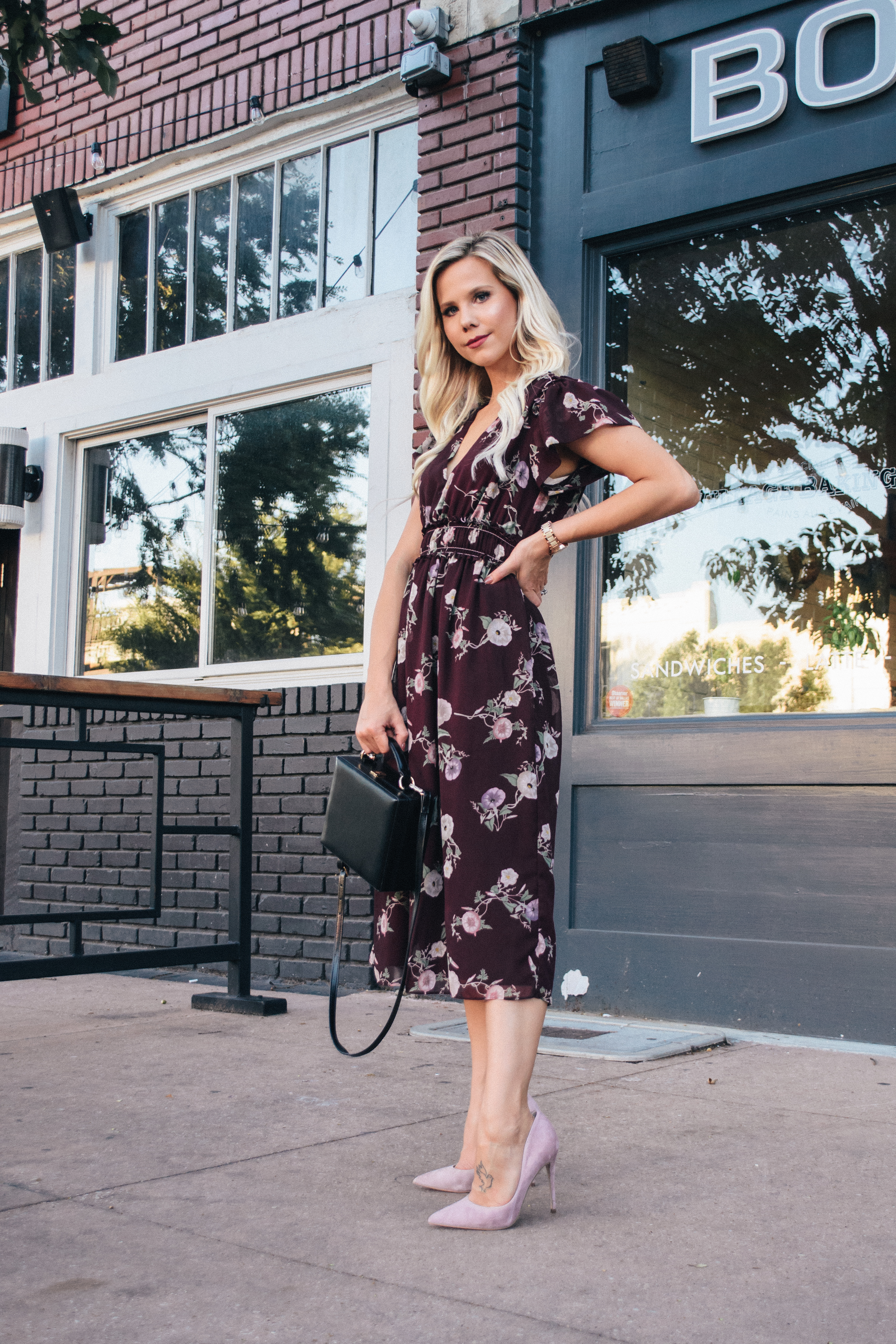Fall floral dress and designer dupe for the Marc Cross Grace box bag #fall #fashion 
