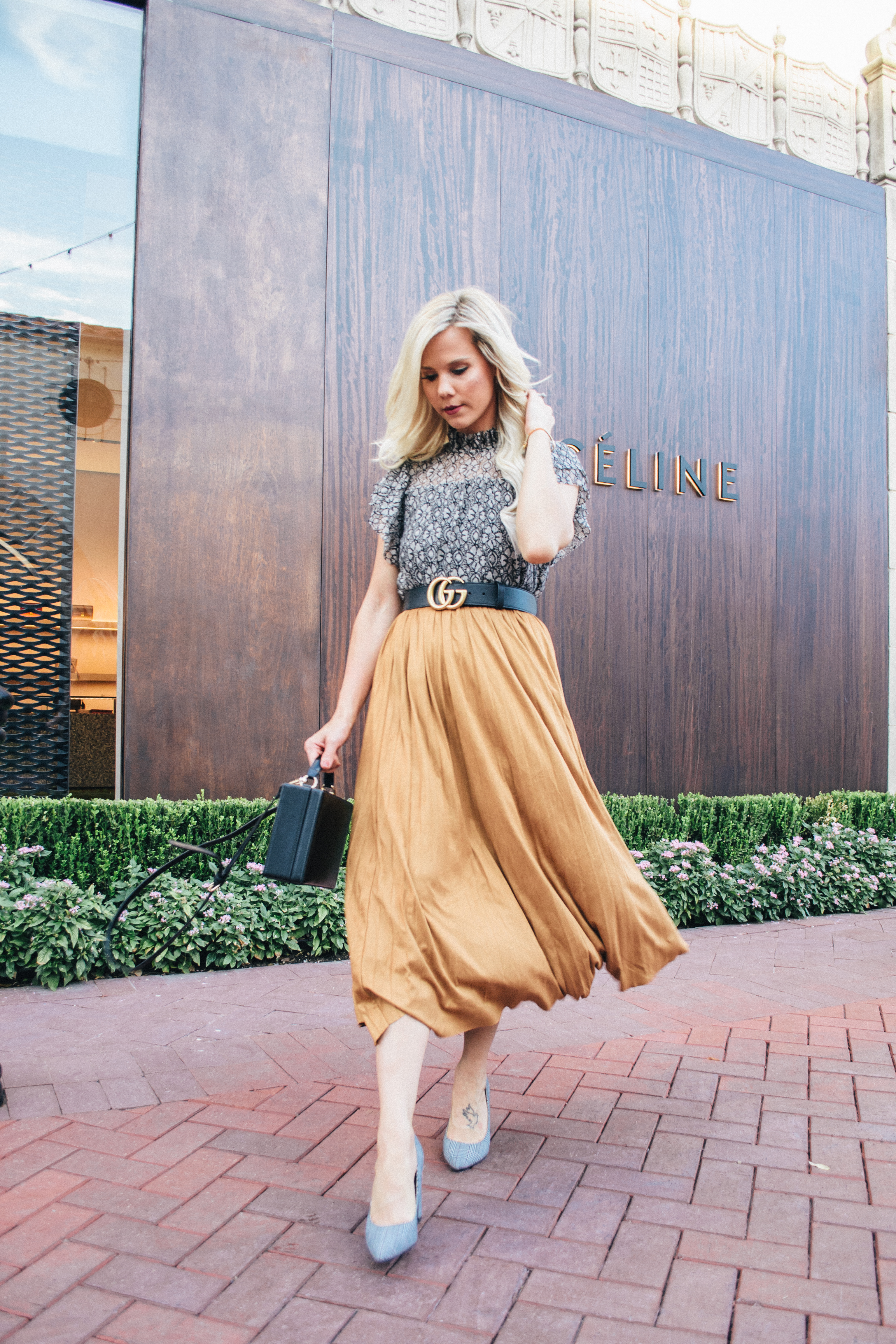 Suede Pleated Midi Skirt and Lace blouse with Gucci logo belt and Marc Cross handbag dupe on Glam Life Living 
