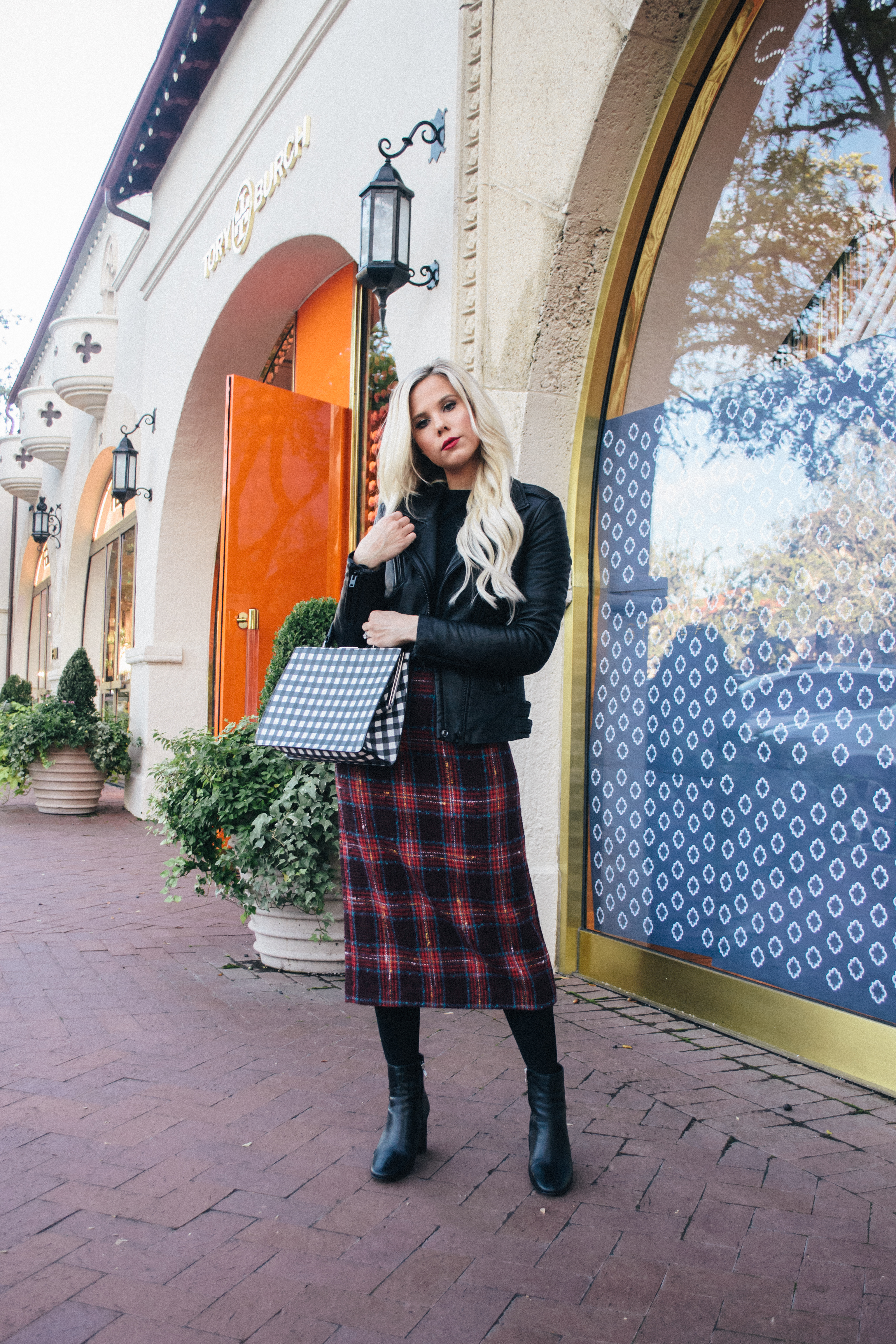 Iro Paris Black on Black Leather jacket and plaid midi skit #leatherjacket #iroparis