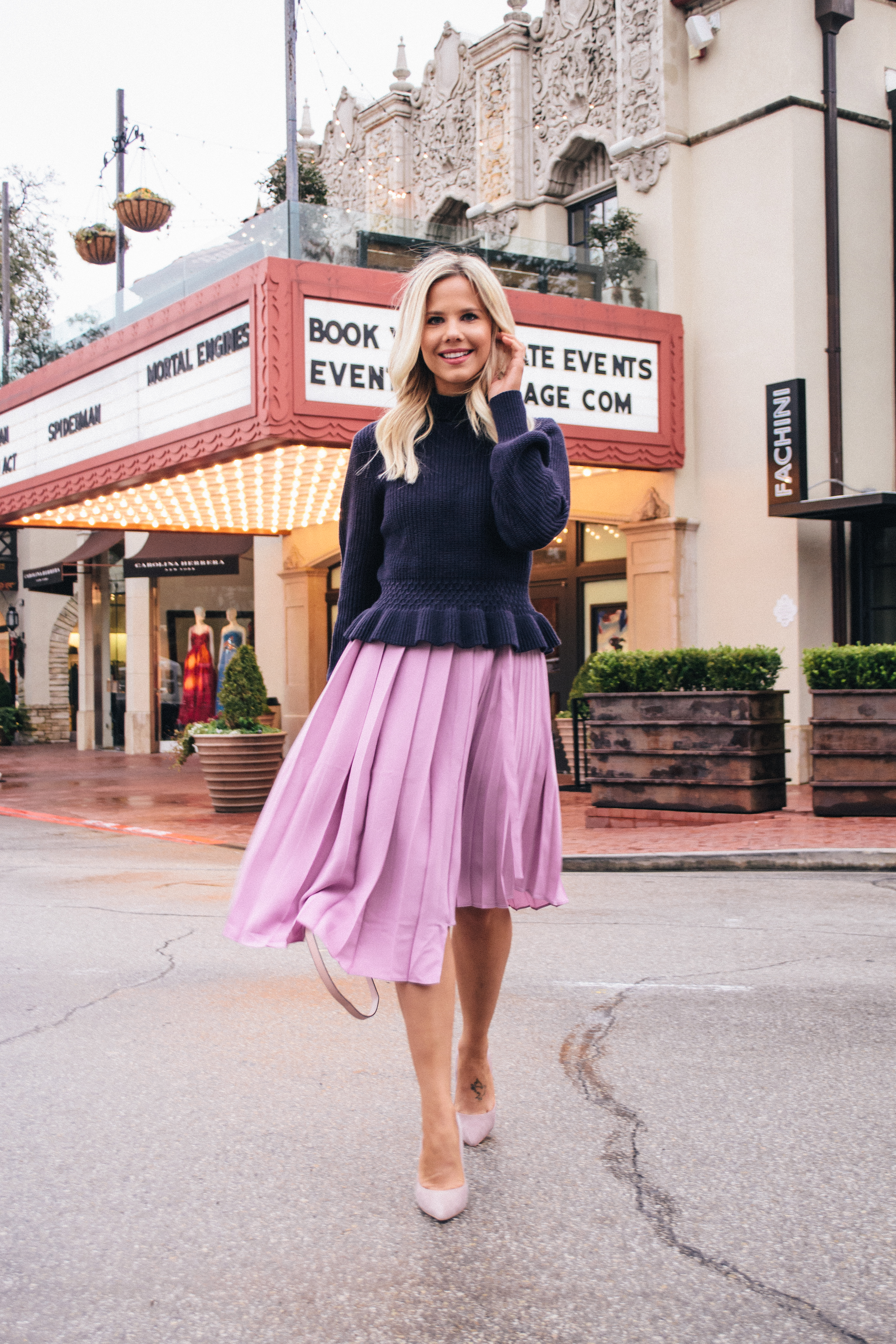 Lavender pleated skirt with Navy sweater on Glam Life Living #dallasblogger 