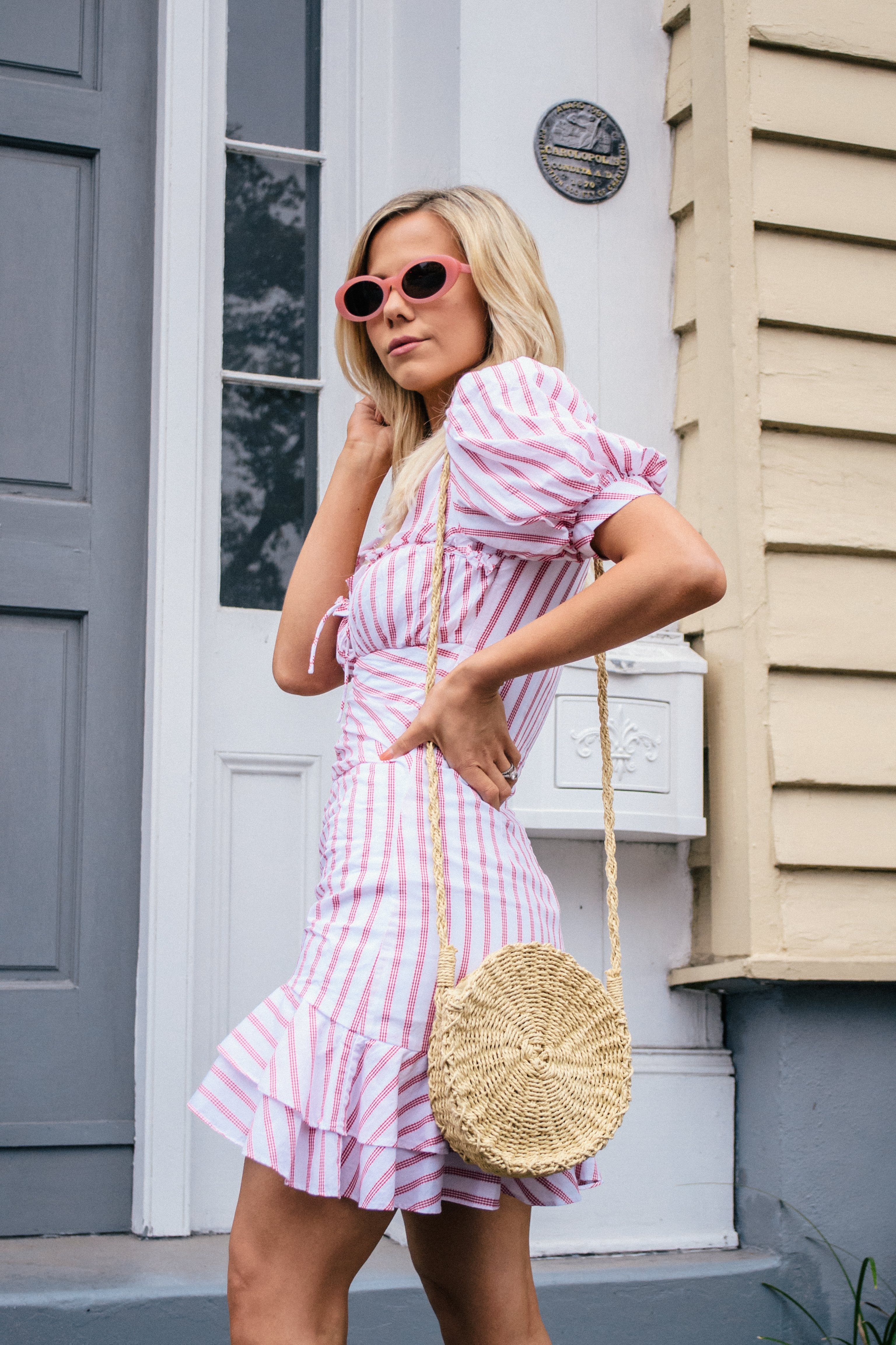 Spring outfit, spring style, striped ruffle dress, woven bags, rattan bags, straw bags, #spring #fashion #style #2019