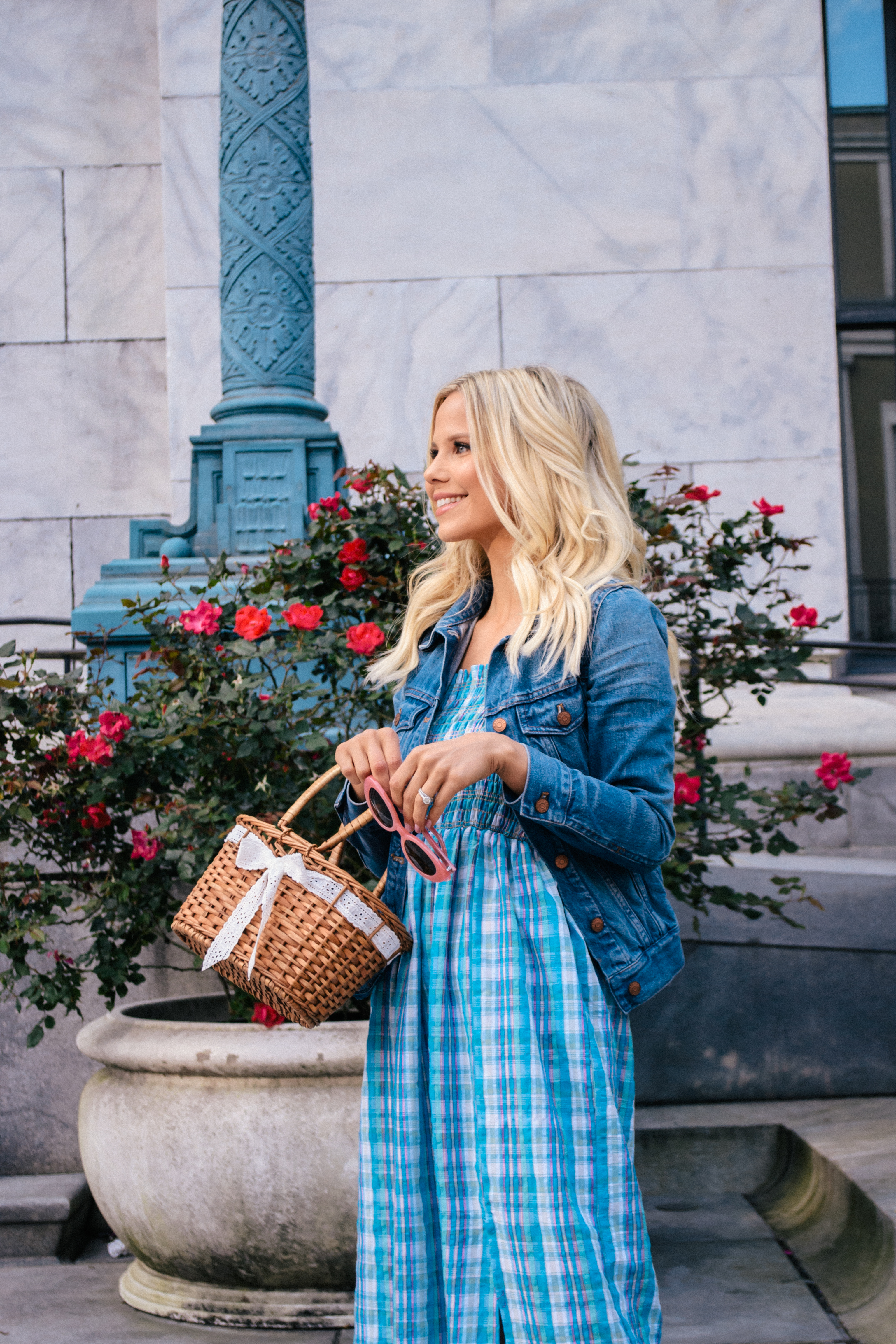 Blue plaid dress and denim jacket, basket bag, southern style, southern belle