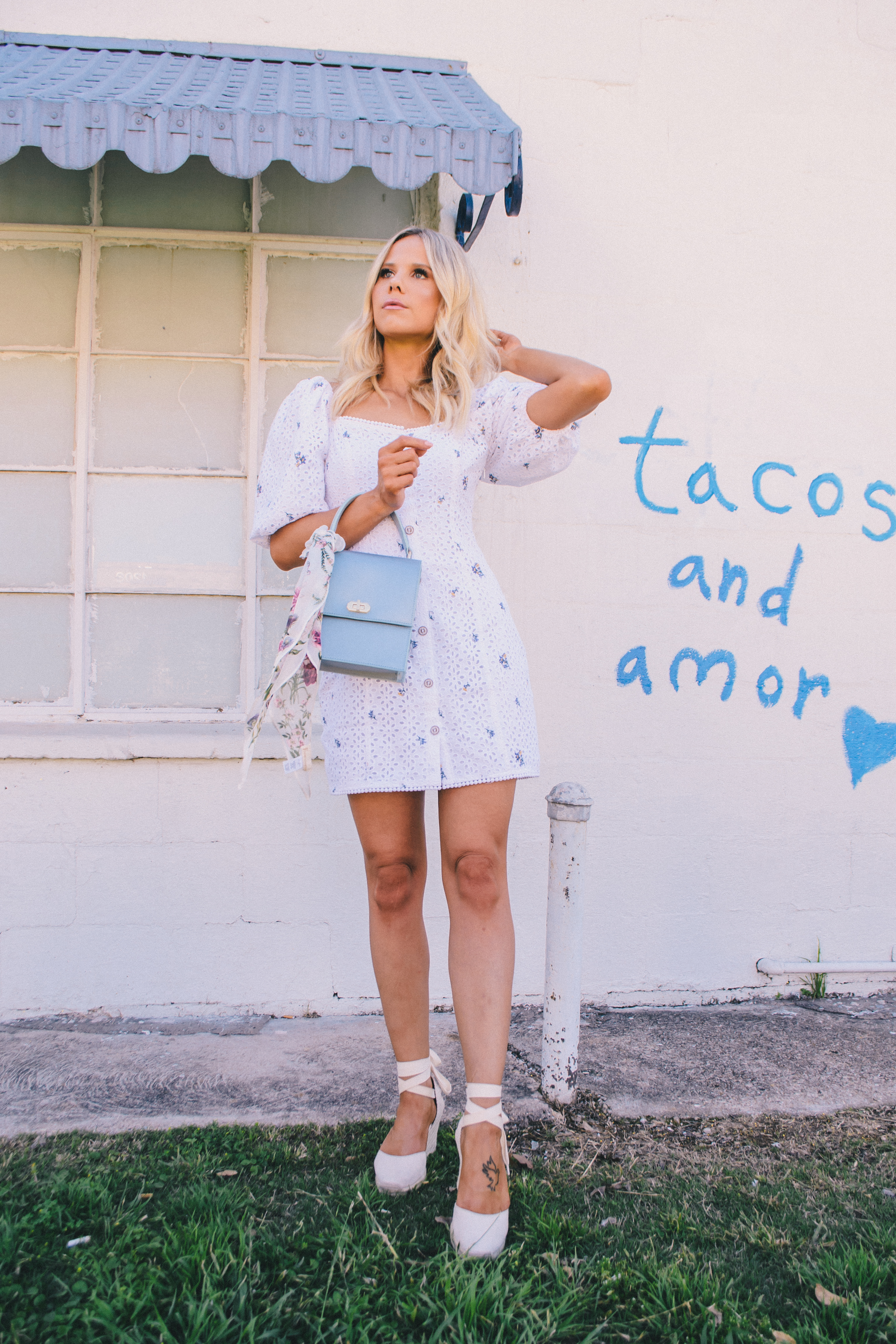 La Zona Fort Worth, Fort Worth Blogger, Texas blogger, Neely & Chloe Mini Blue Satin Lady Bag, summer 2019 outfit 