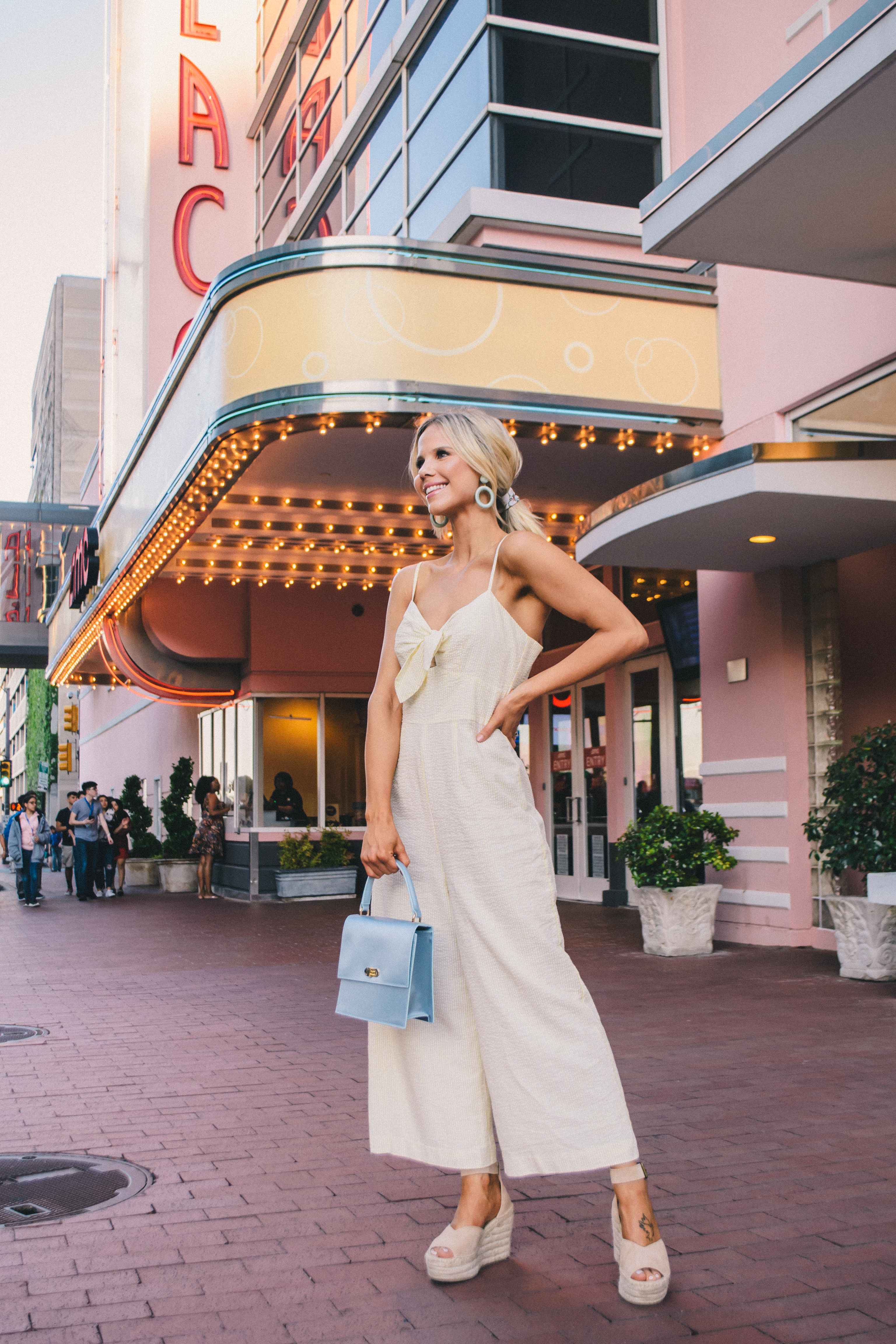vintage inspired style, Neely & Chloe satin lady bag, yellow jumpsuit, summer 2019 outfit, Glam Life Living, Hannah McDonnell #jumpsuit #vintage #style 