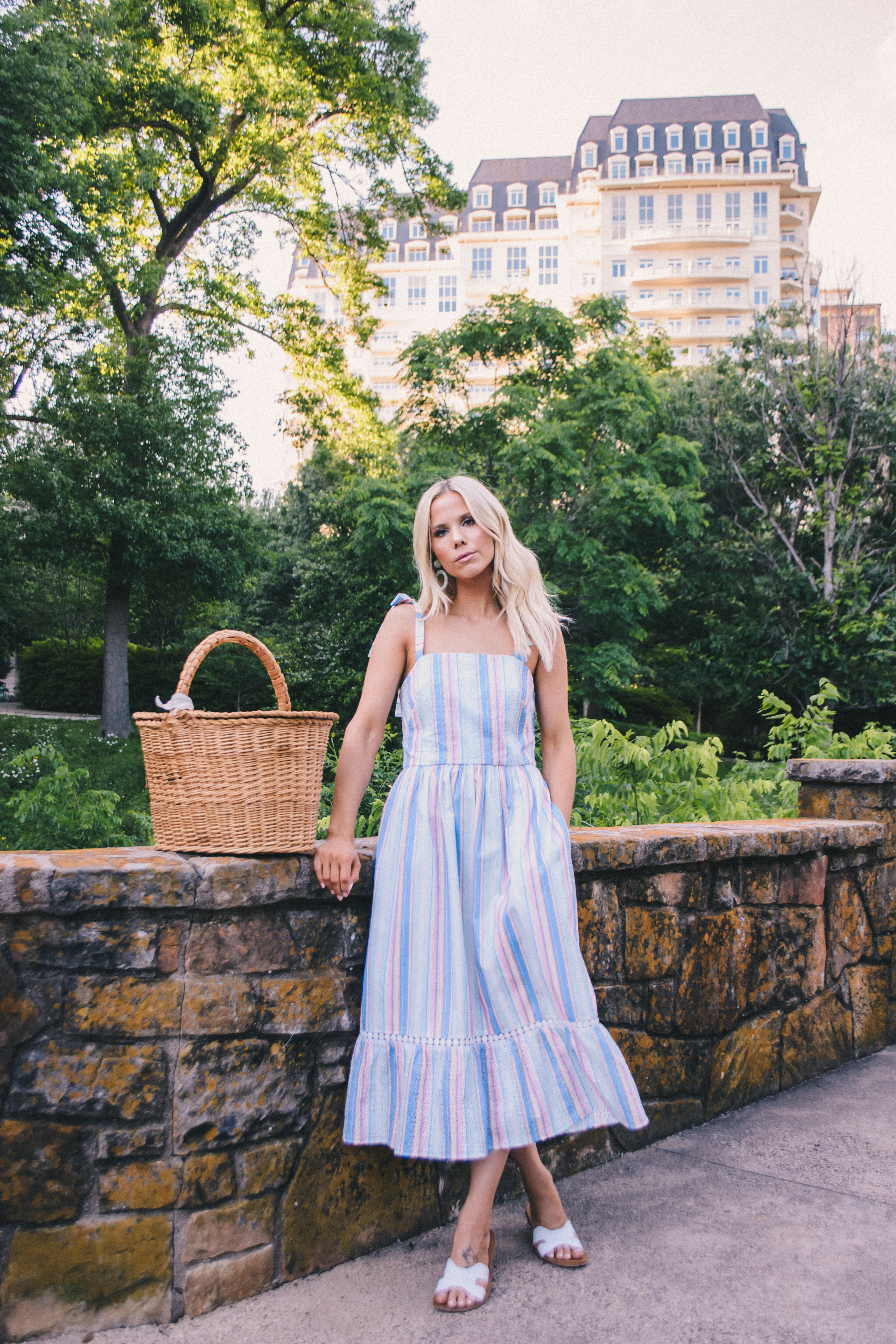 Striped Maxi Dress Shoshanna, maxi dress for a picnic, summer outfit, summer style, picnic outfit, glam life living, Hannah McDonnell #picnic #maxidress