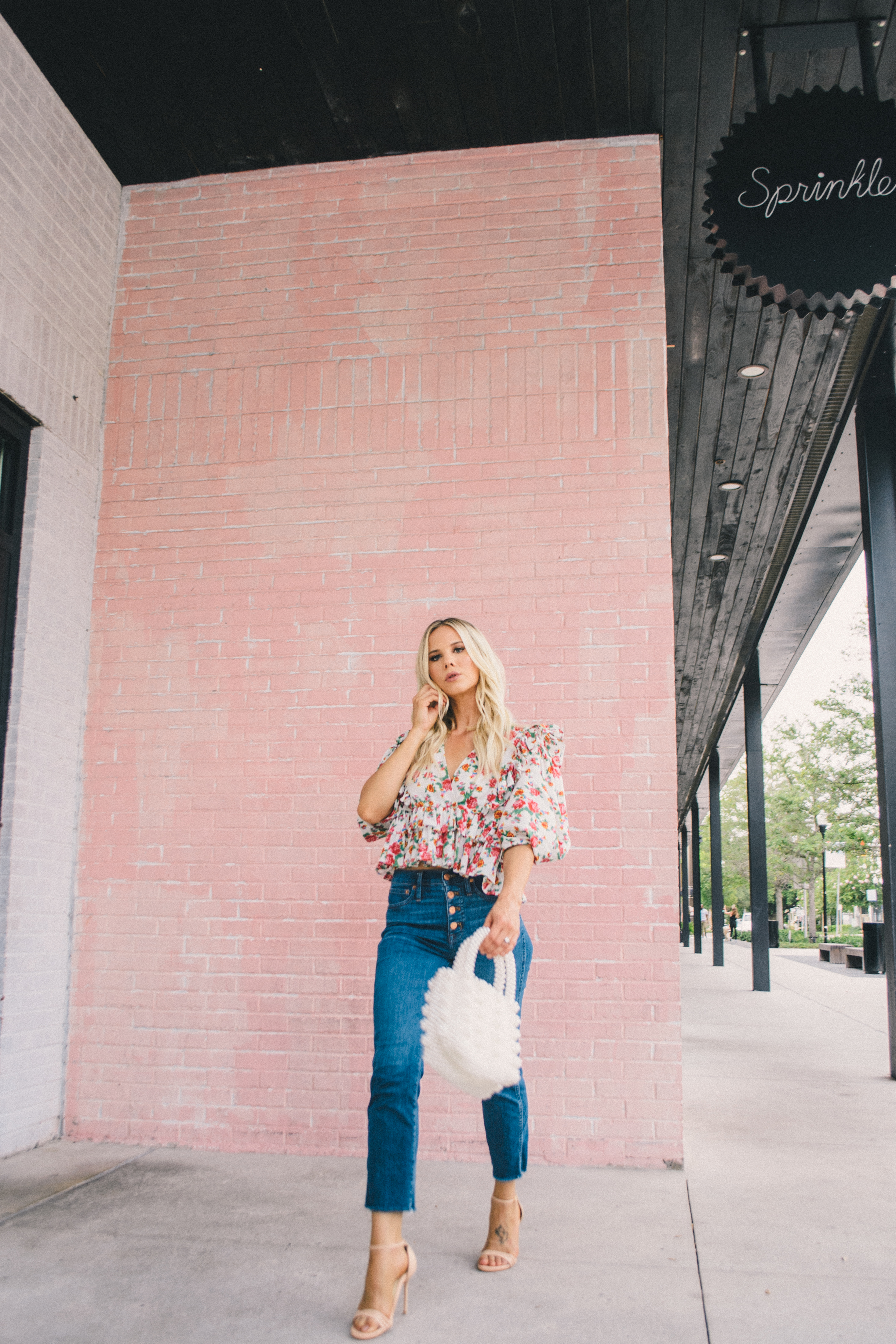 petite denim, vintage denim, floral blouse, Rhode blouse, glam life living, fall outfit, summer to fall outfit, Sarah Flint sandals, pearl handbag 