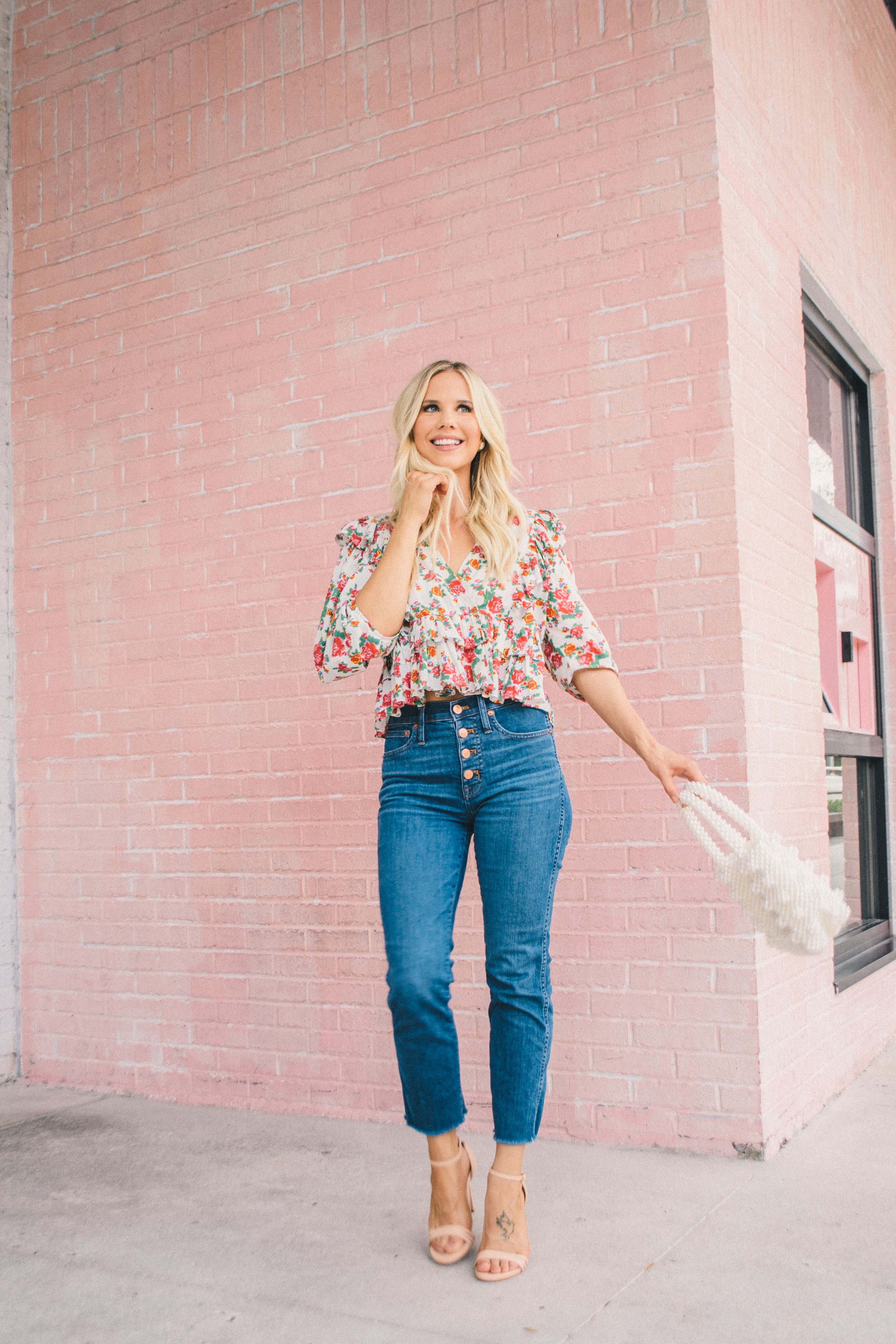 petite denim, vintage denim, floral blouse, Rhode blouse, glam life living, fall outfit, summer to fall outfit, Sarah Flint sandals, pearl handbag 