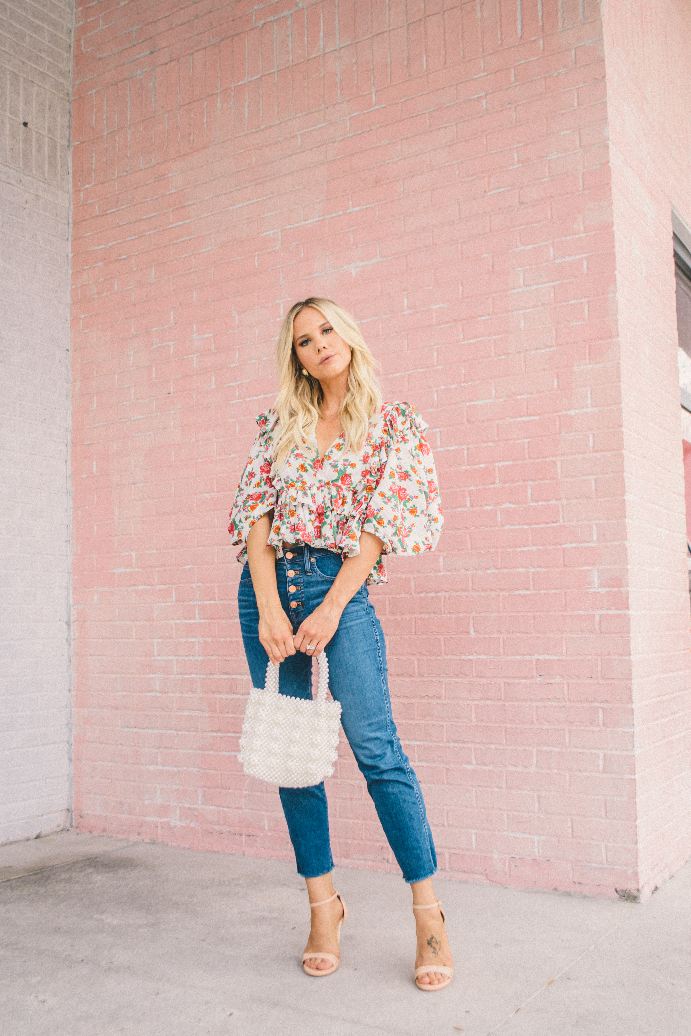 petite denim, vintage denim, floral blouse, Rhode blouse, glam life living, fall outfit, summer to fall outfit, Sarah Flint sandals, pearl handbag 