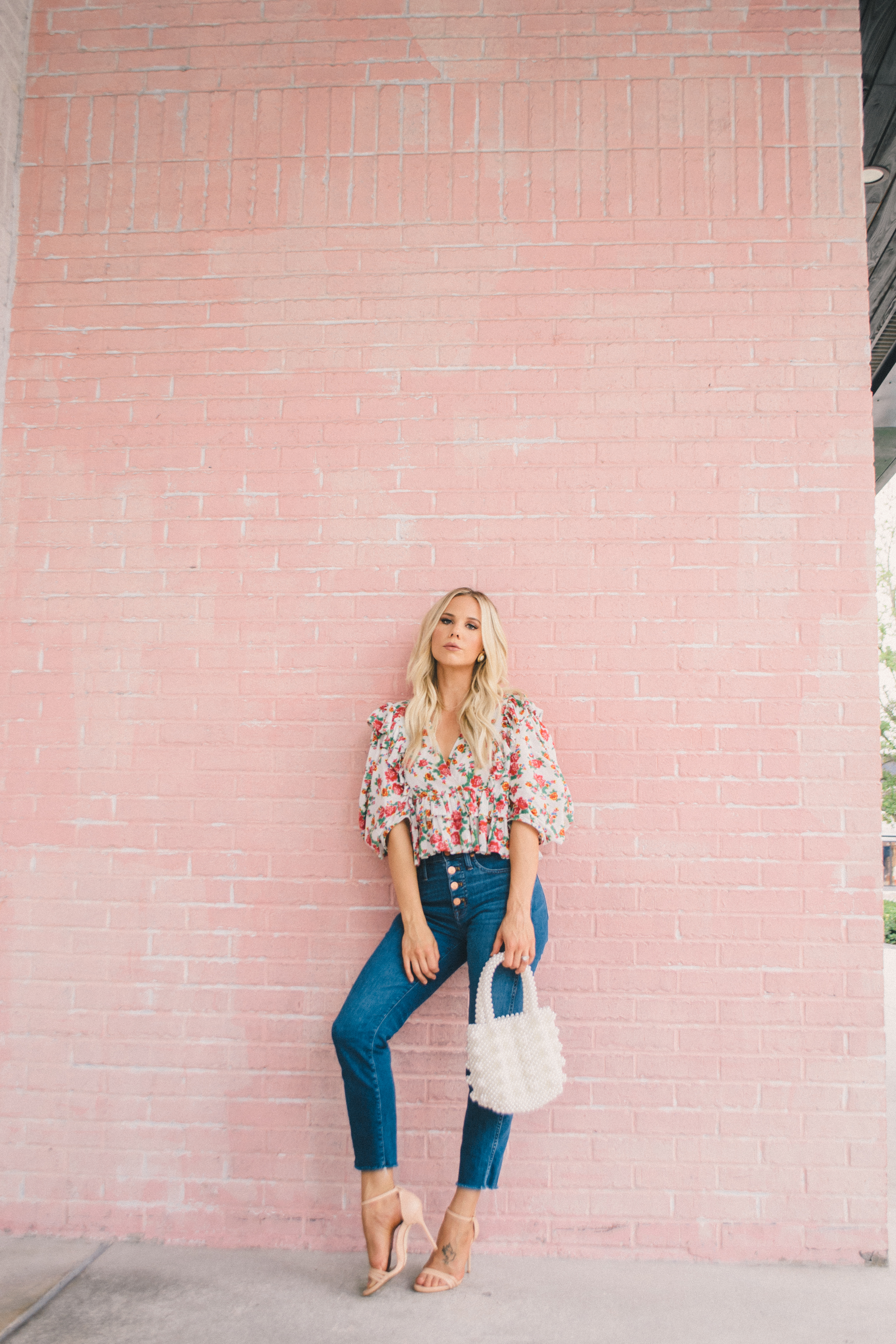 petite denim, vintage denim, floral blouse, Rhode blouse, glam life living, fall outfit, summer to fall outfit, Sarah Flint sandals, pearl handbag 