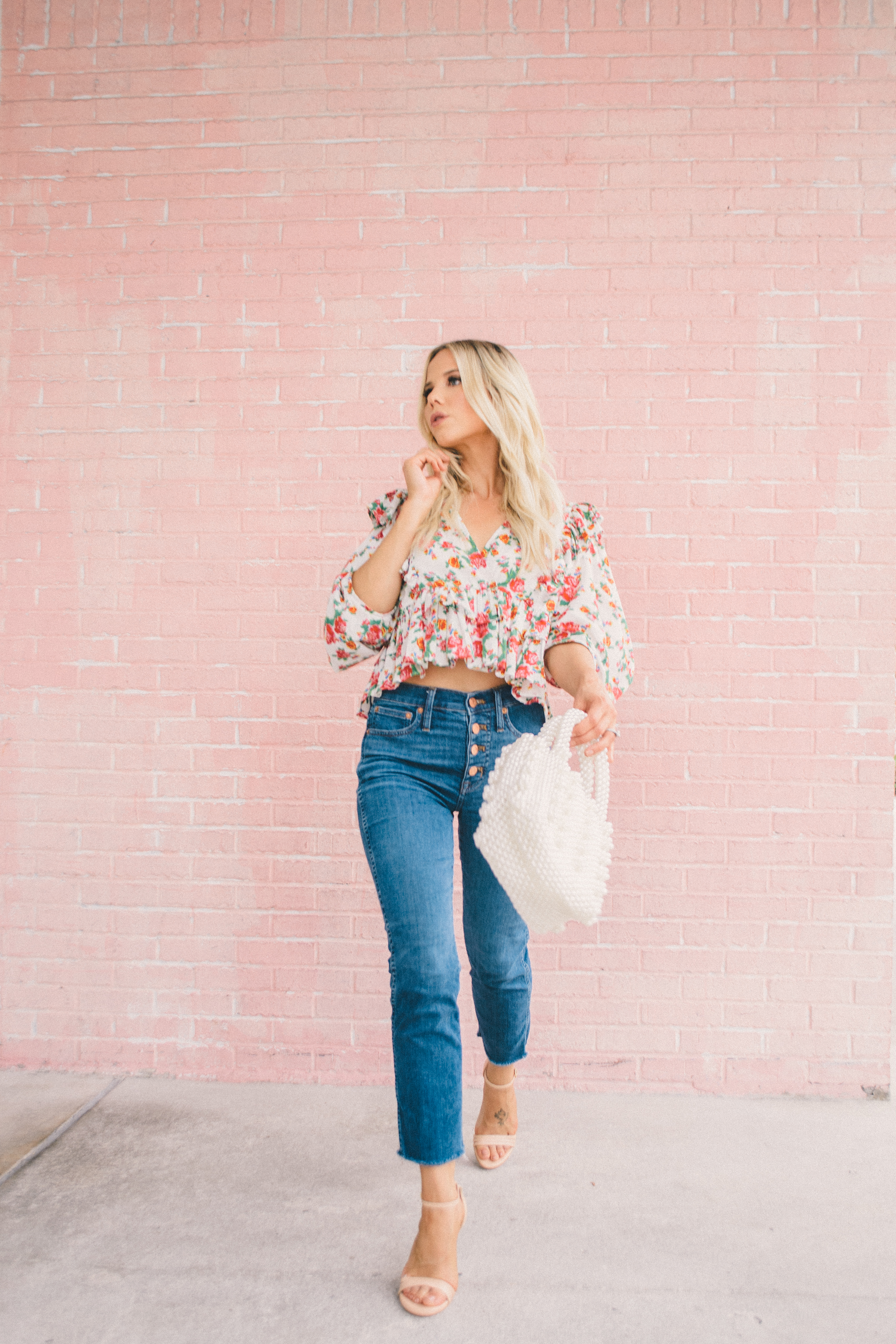 petite denim, vintage denim, floral blouse, Rhode blouse, glam life living, fall outfit, summer to fall outfit, Sarah Flint sandals, pearl handbag 