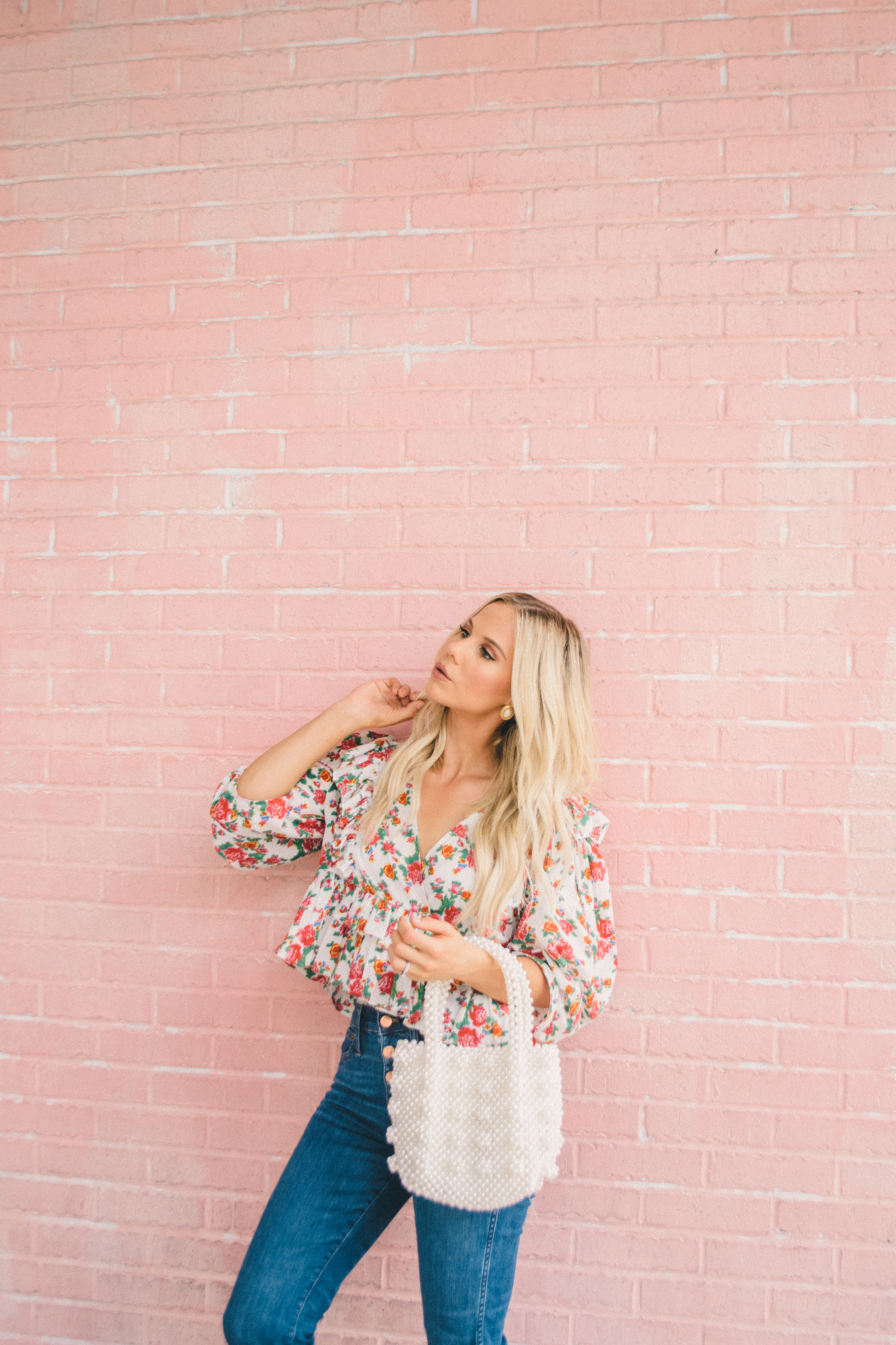 petite denim, vintage denim, floral blouse, Rhode blouse, glam life living, fall outfit, summer to fall outfit, Sarah Flint sandals, pearl handbag 