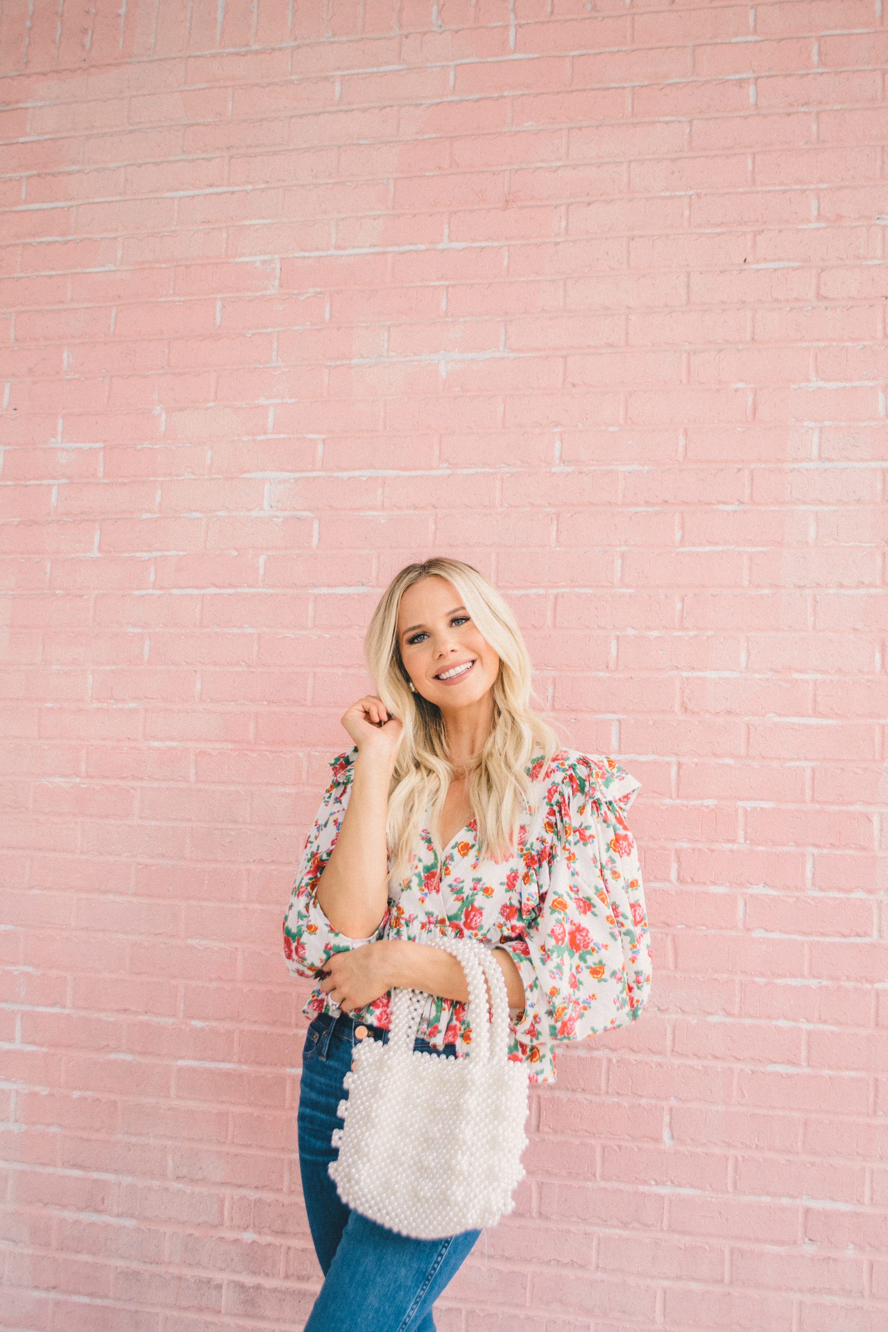 petite denim, vintage denim, floral blouse, Rhode blouse, glam life living, fall outfit, summer to fall outfit, Sarah Flint sandals, pearl handbag 