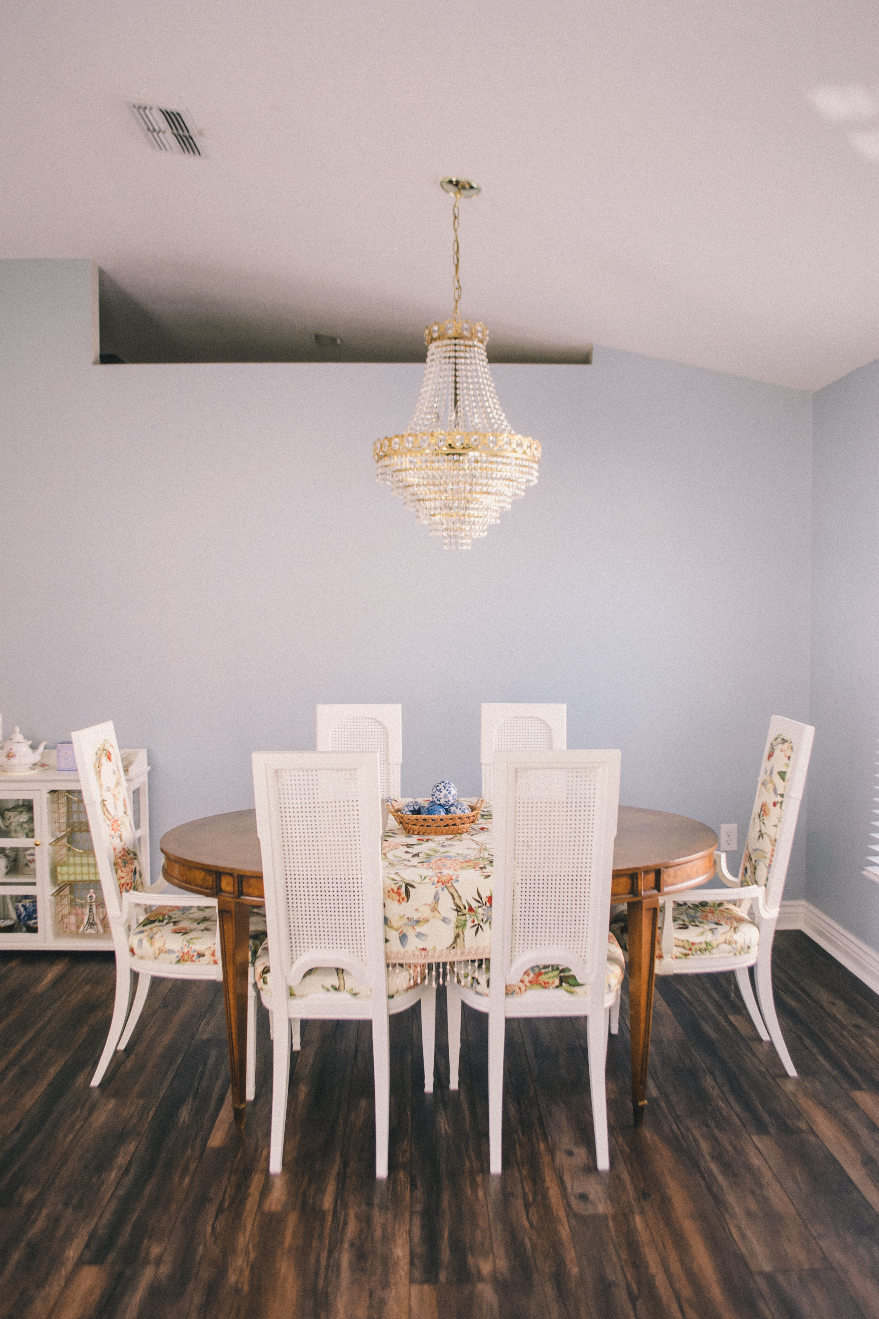 glam dining room, vintage dining room, French dining room, floral upholstered dining room chairs, Glam Life Living Home, feminine dining room 