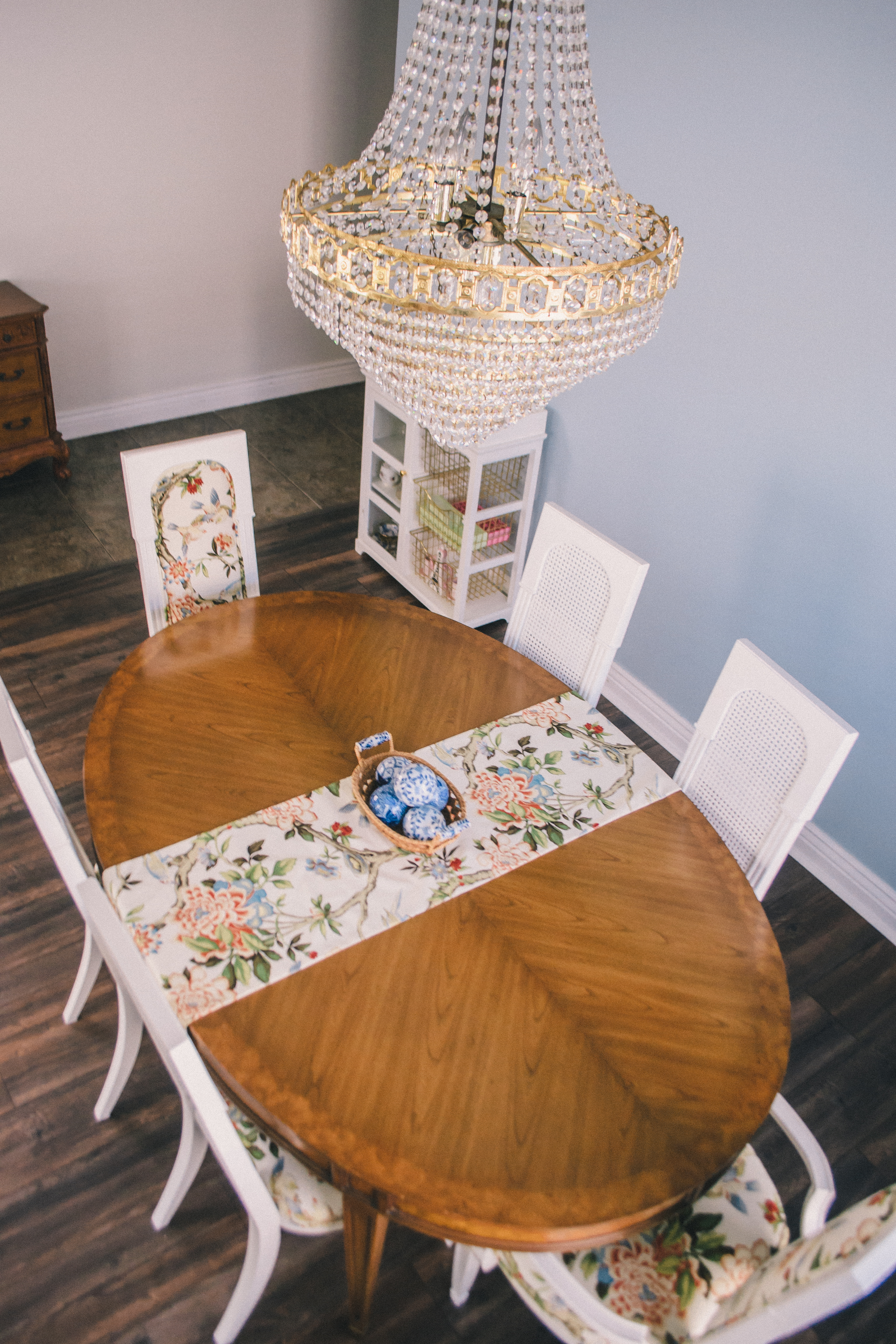 feminine dining room, vintage dining room, traditional dining room, floral upholstered dining room chairs, French dining room, glam dining room, Glam Life Living home