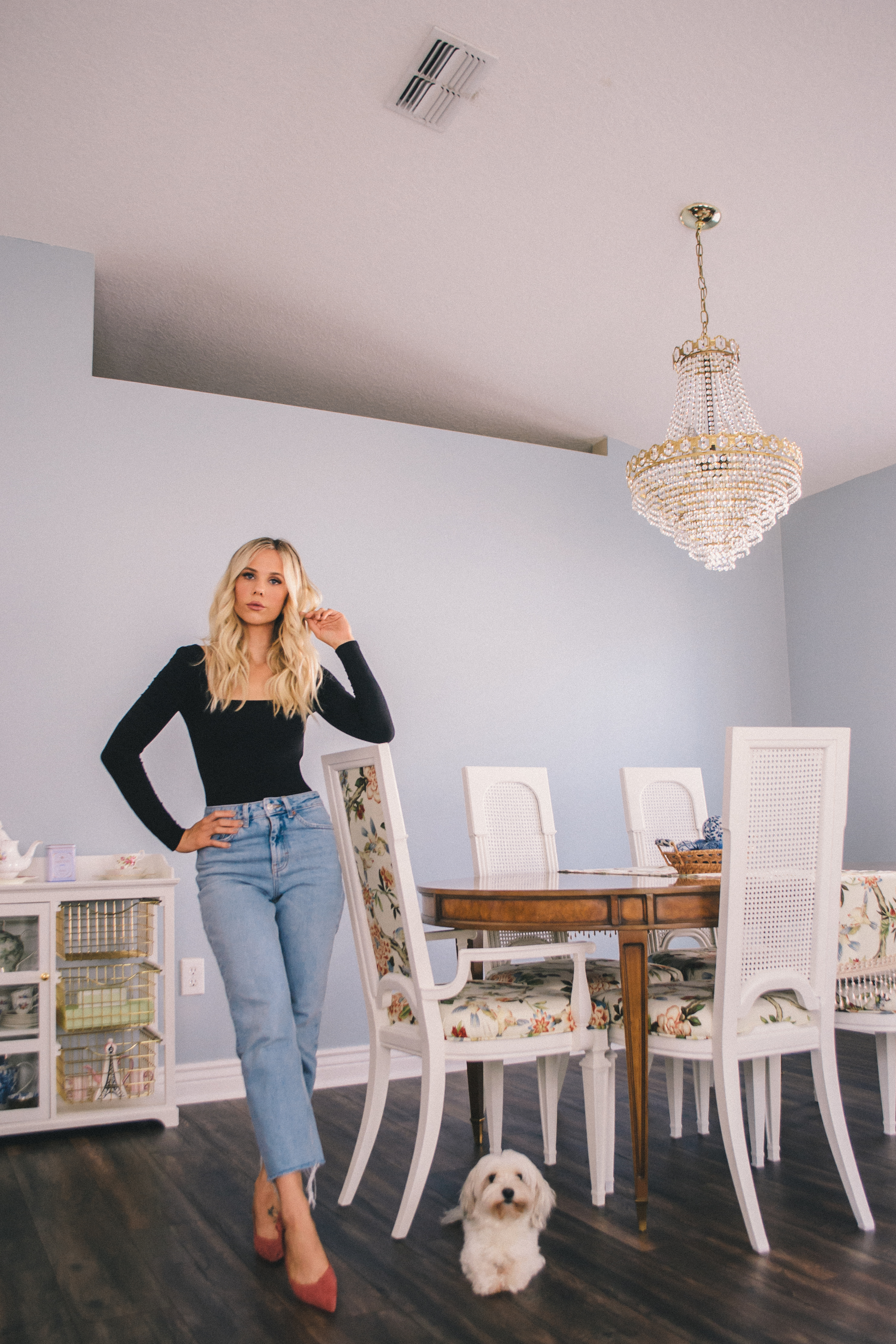 glam dining room, vintage dining room, French dining room, floral upholstered dining room chairs, Glam Life Living Home, feminine dining room 