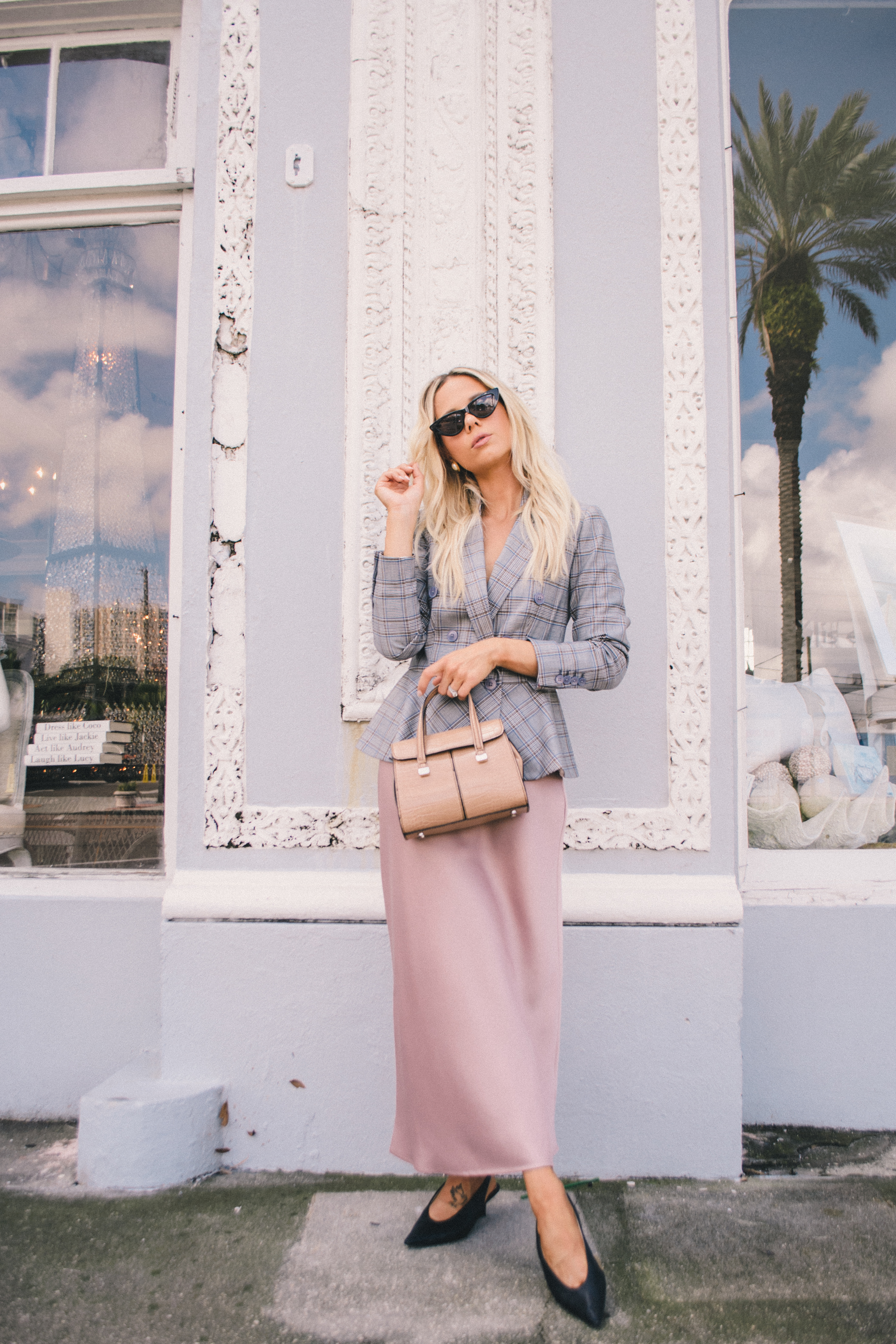 fall inspired work outfit, plaid peplum blazer, silk skirt, French Style, french work outfit, Rebecca Taylor blazer, grey plaid blazer #workwear #workoutfit #frenchstyle 