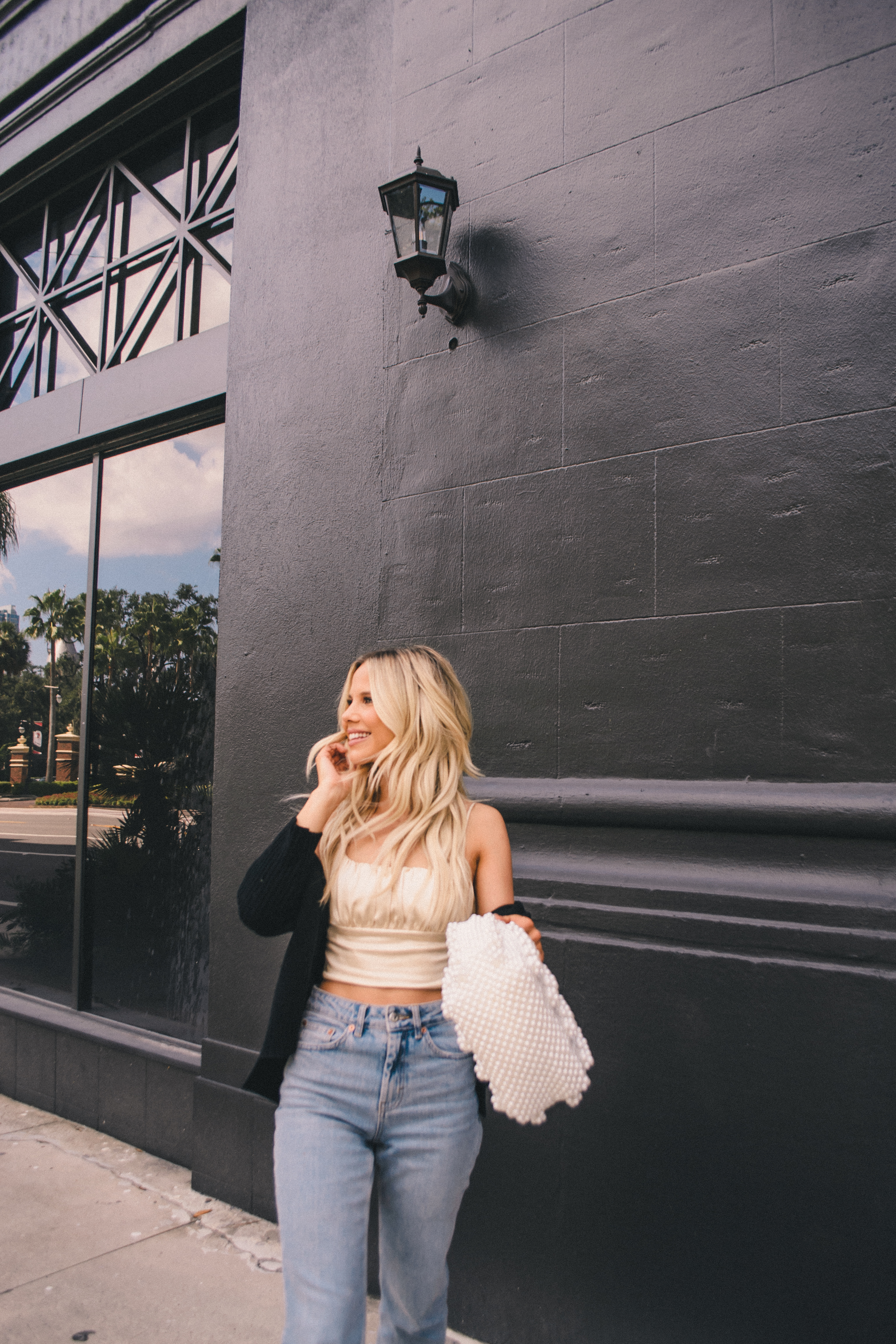 night out look, day to night look, fall style, fall fashion, silk crop top, pearl handbag