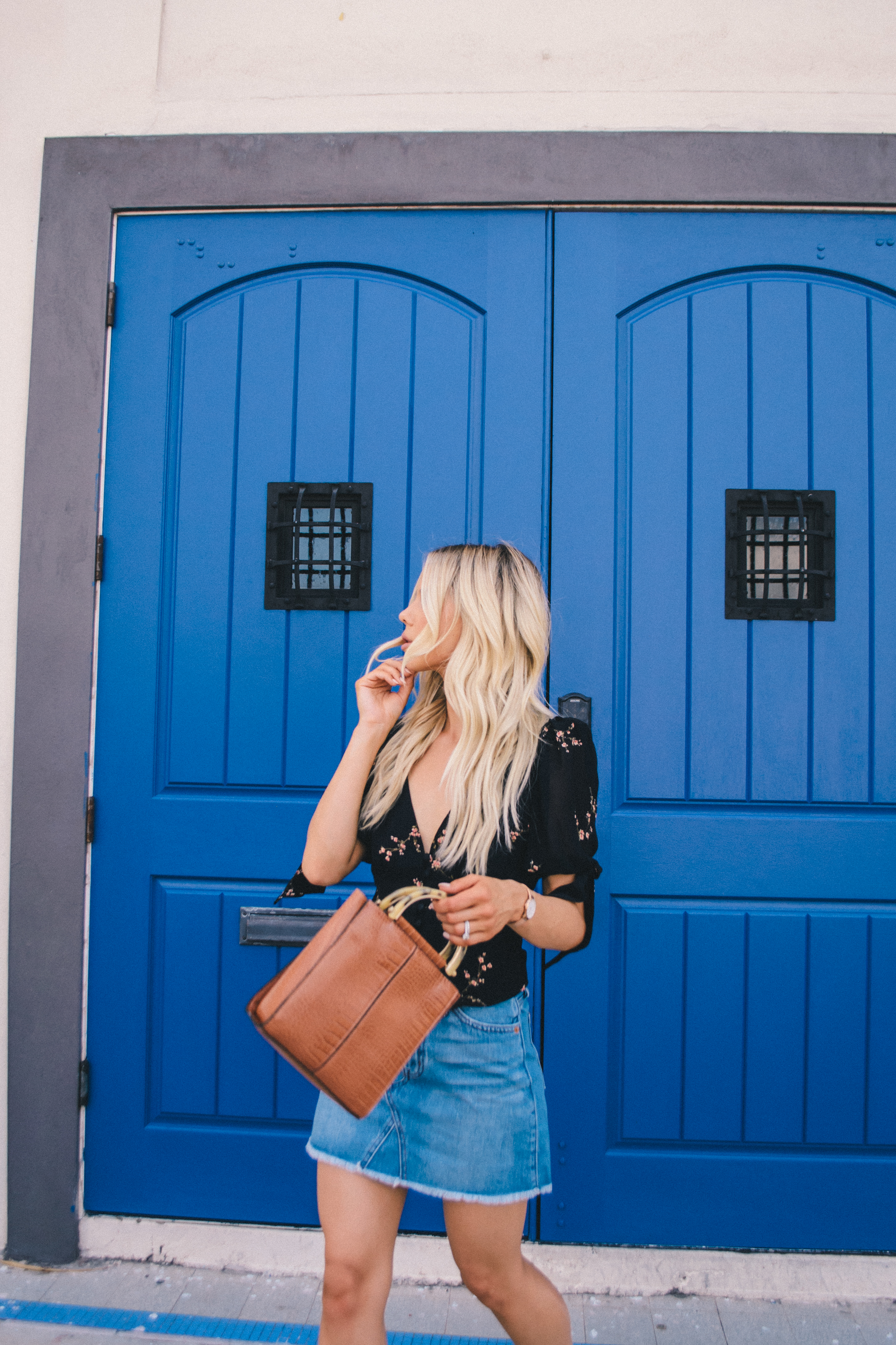 Easy Fall Transition Outfit, Reformation top, denim skirt, fall outfit #fallstyle #fallfashion #falloutfit