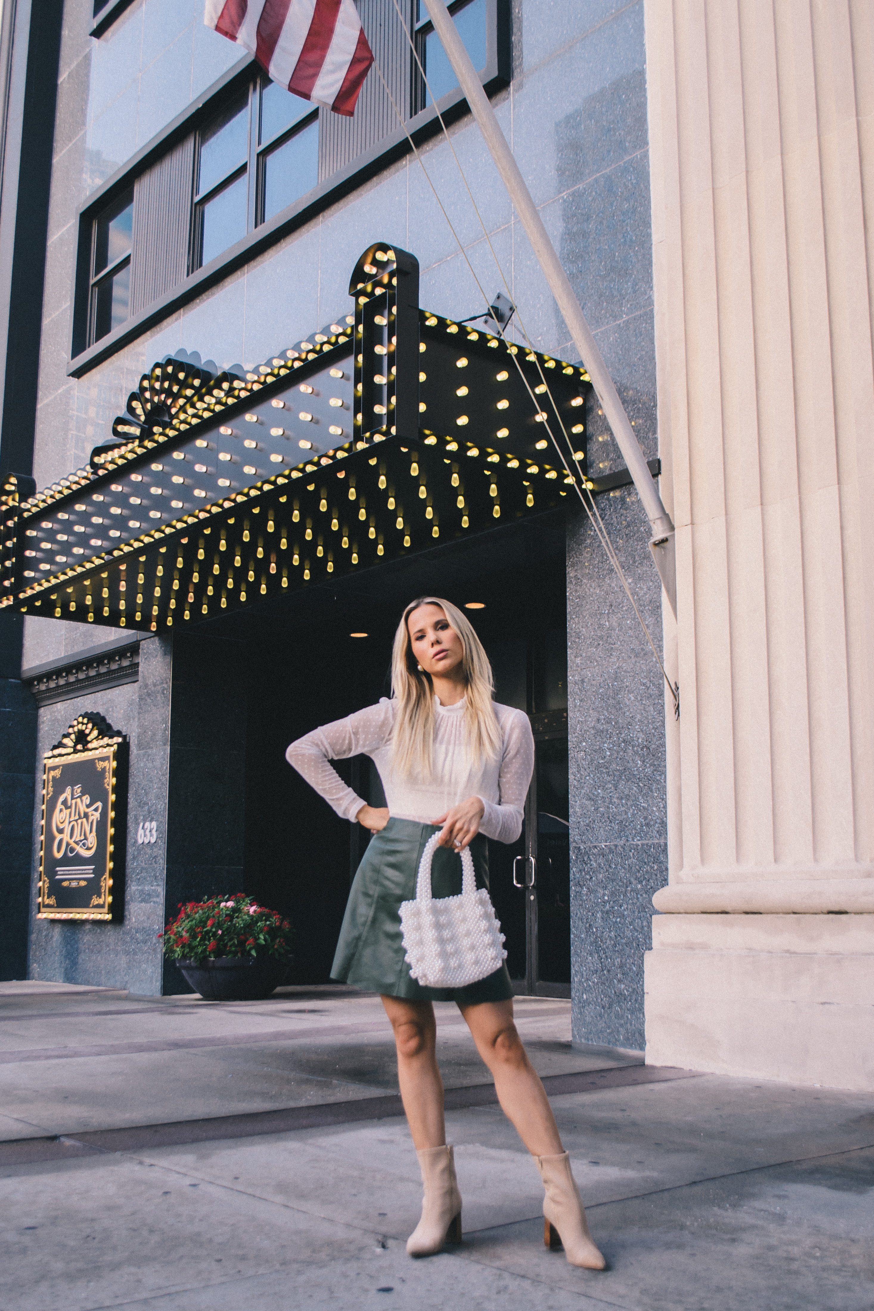 fall outfit, green leather skirt, white sheer blouse, french style 