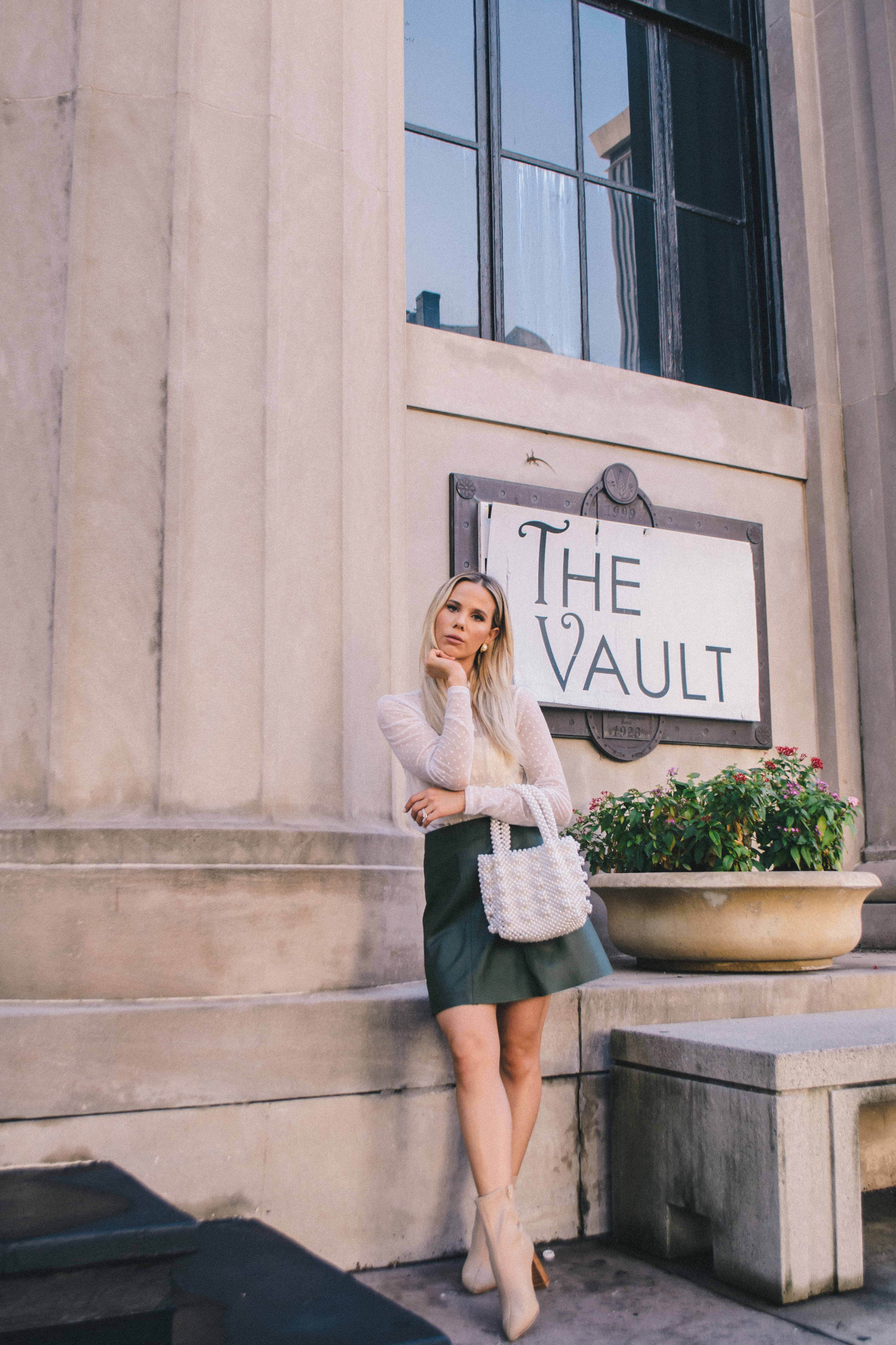 feminine french fall style, green leather skirt, white ruffle blouse, Glam life Living fashion