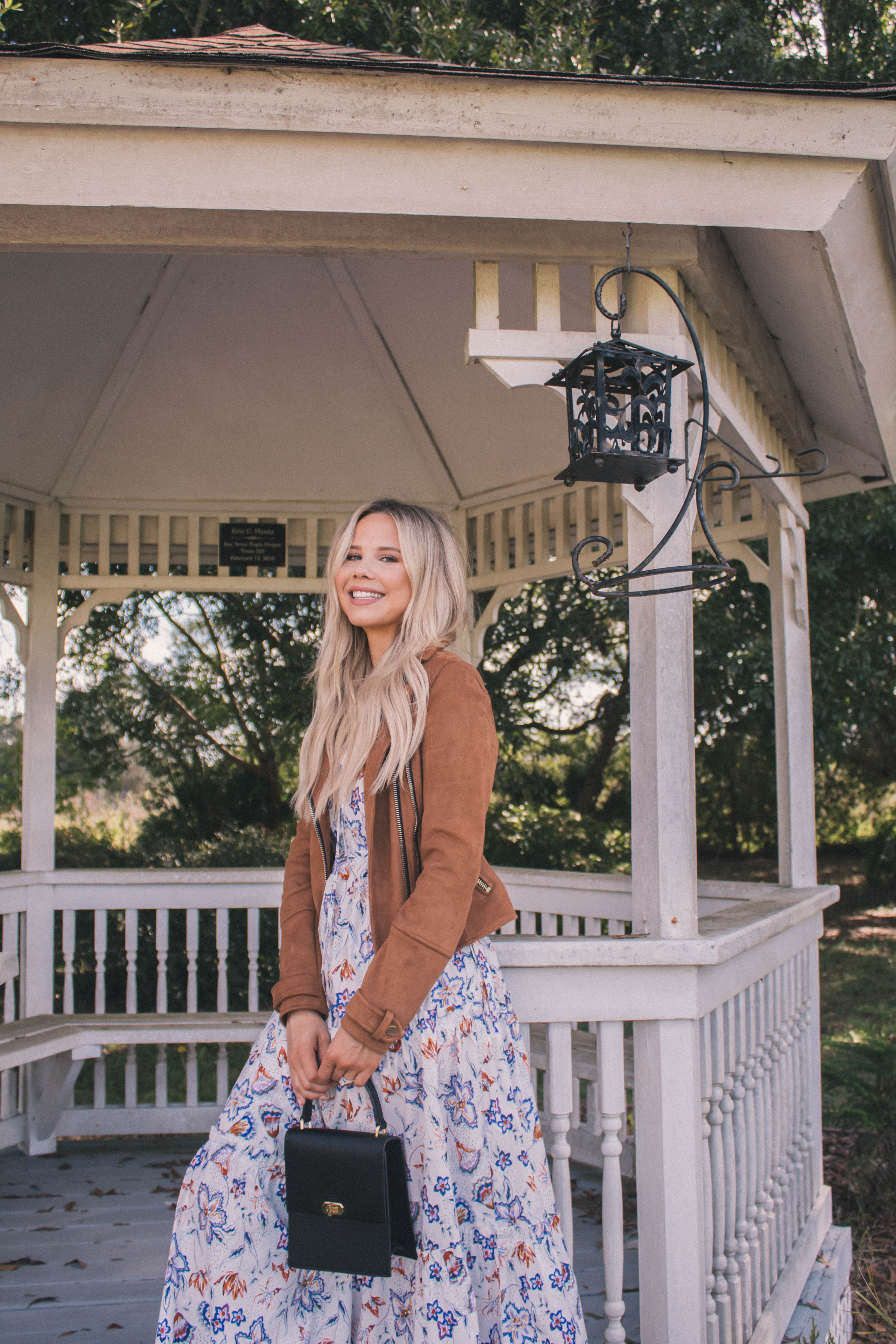 Paisley Print Dress with Brown Suede Jacket #falloutfit