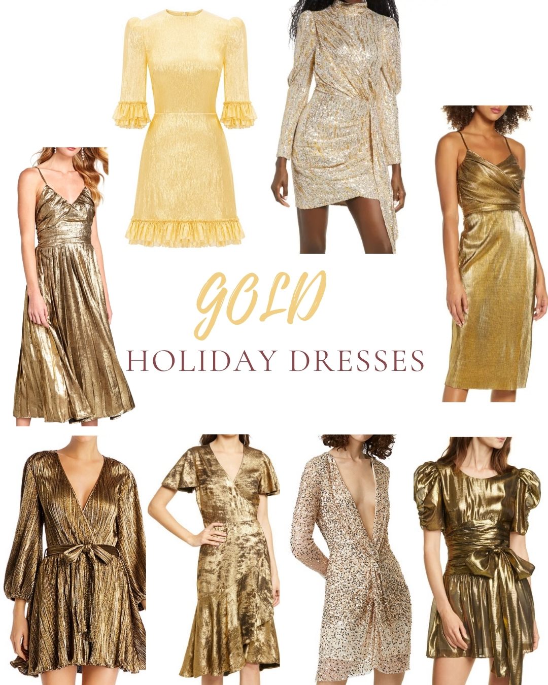 Gold Holiday Party Dresses to wear for a Christmas Outfit or a New Years Eve Outfit 