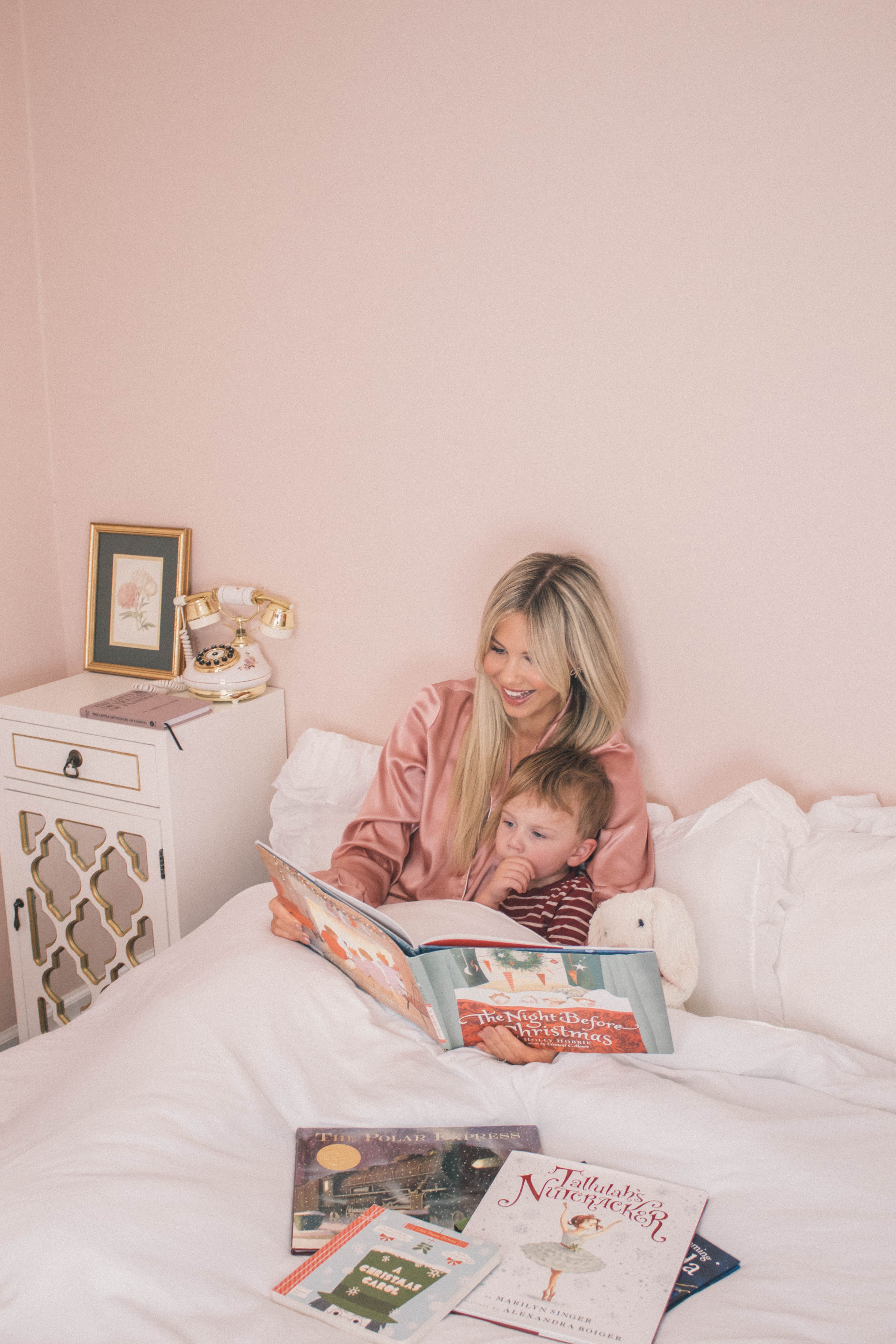 Mom and Son reading Christmas children's books