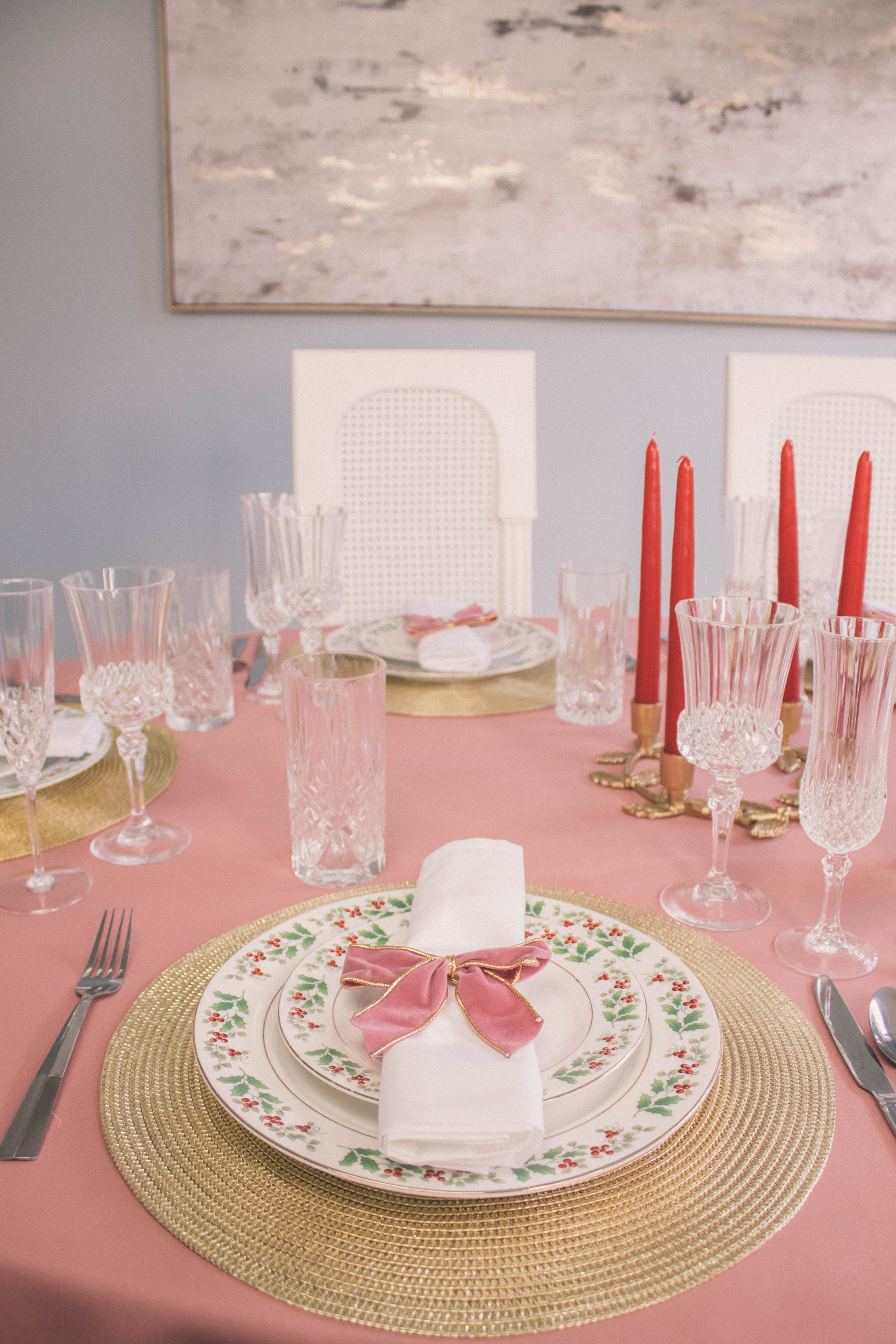 pink holiday tablescape 